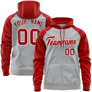 Custom Stitched Gray Red-White Raglan Sleeves Sports Full-Zip Sweatshirt Hoodie