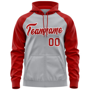 Custom Stitched Gray Red-White Raglan Sleeves Sports Full-Zip Sweatshirt Hoodie