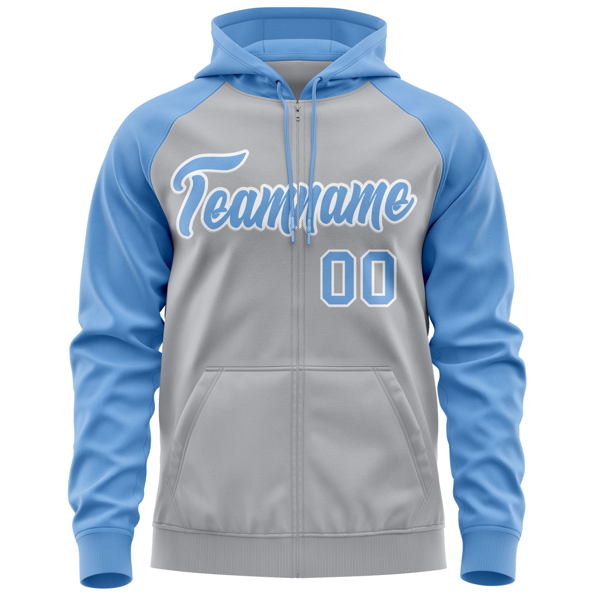 Custom Stitched Gray Light Blue-White Raglan Sleeves Sports Full-Zip Sweatshirt Hoodie