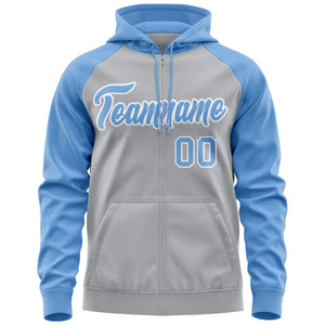 Custom Stitched Gray Light Blue-White Raglan Sleeves Sports Full-Zip Sweatshirt Hoodie