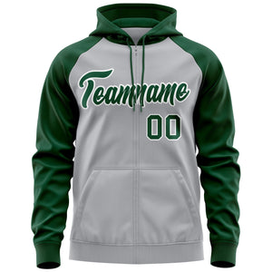 Custom Stitched Gray Green-White Raglan Sleeves Sports Full-Zip Sweatshirt Hoodie