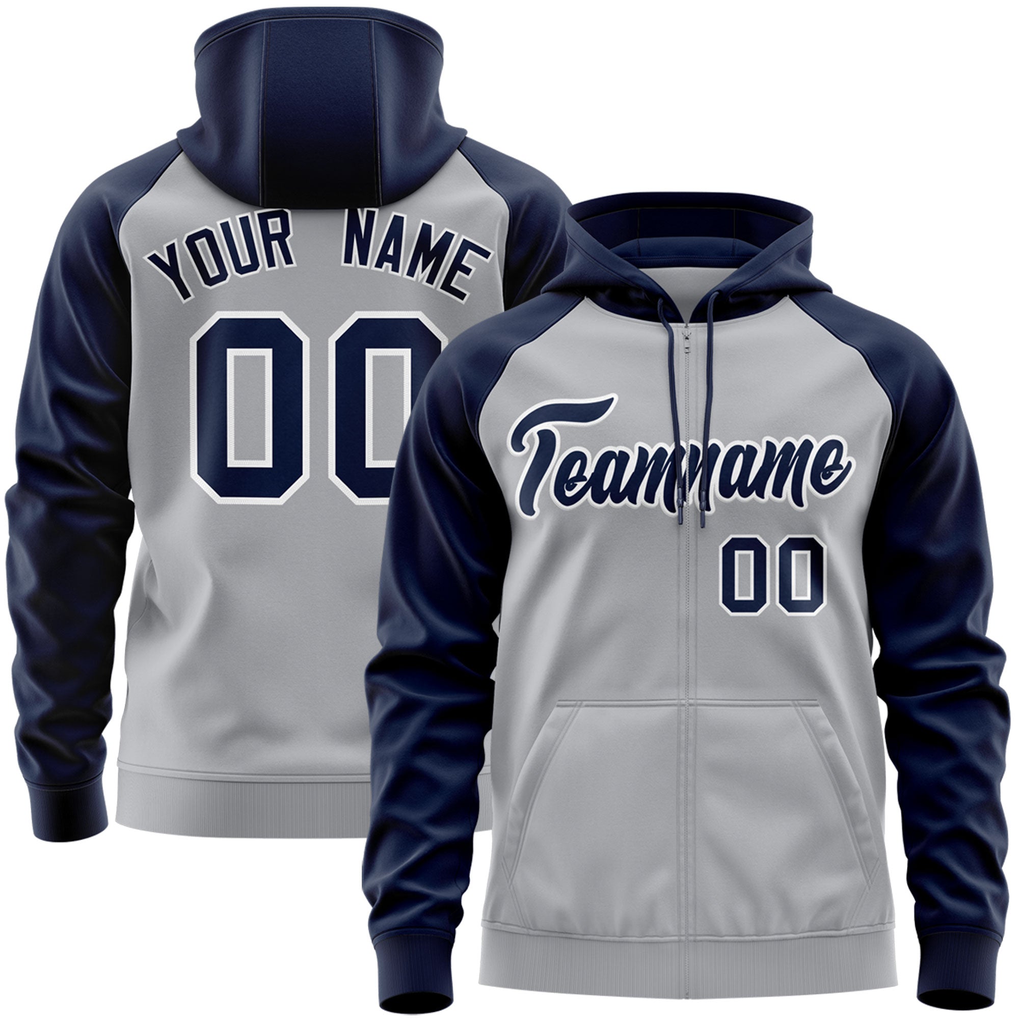 Custom Stitched Gray Navy-White Raglan Sleeves Sports Full-Zip Sweatshirt Hoodie