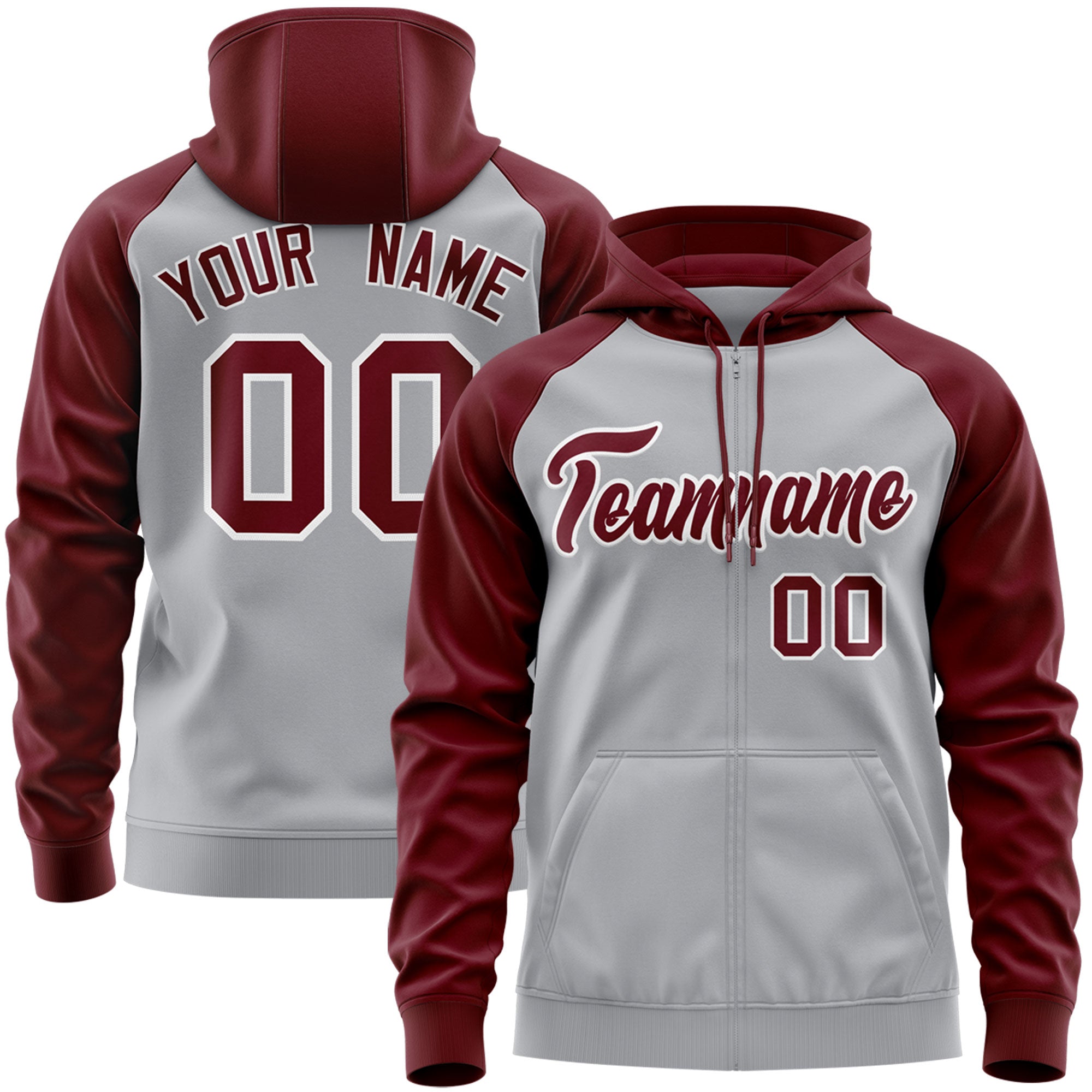 Custom Stitched Gray Crimson-White Raglan Sleeves Sports Full-Zip Sweatshirt Hoodie