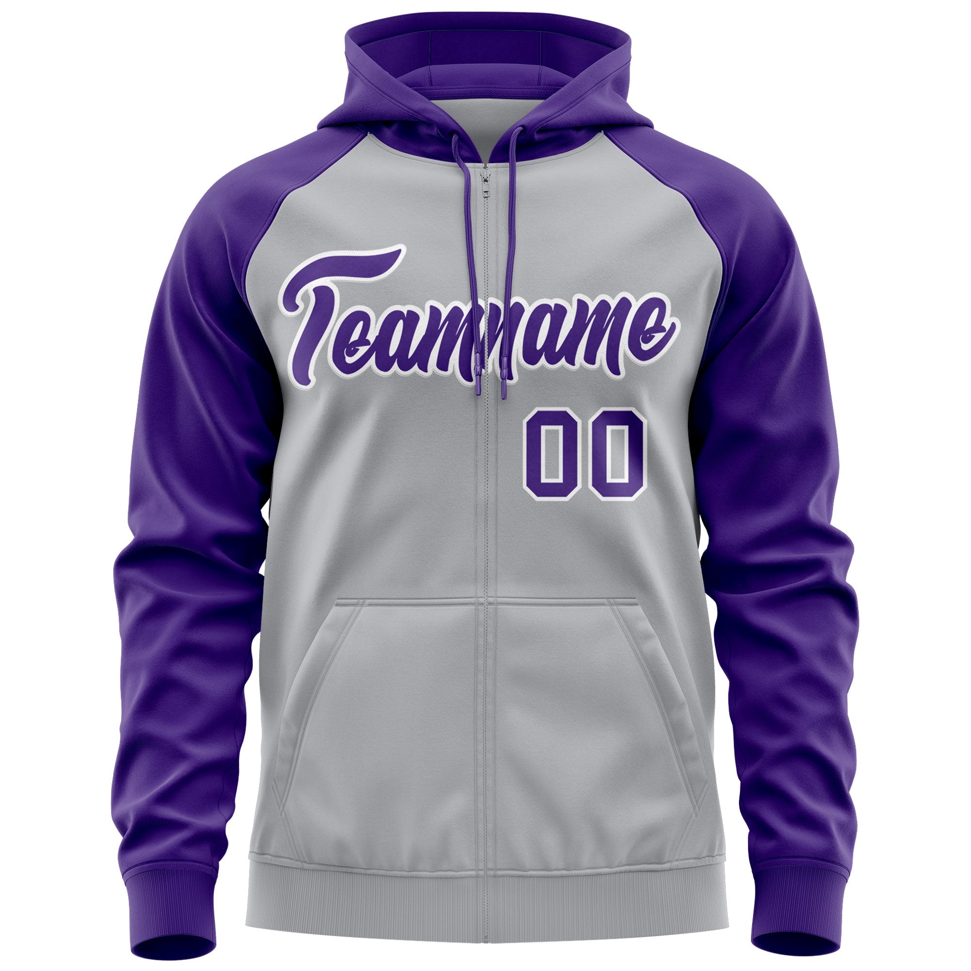 Custom Stitched Gray Purple-White Raglan Sleeves Sports Full-Zip Sweatshirt Hoodie