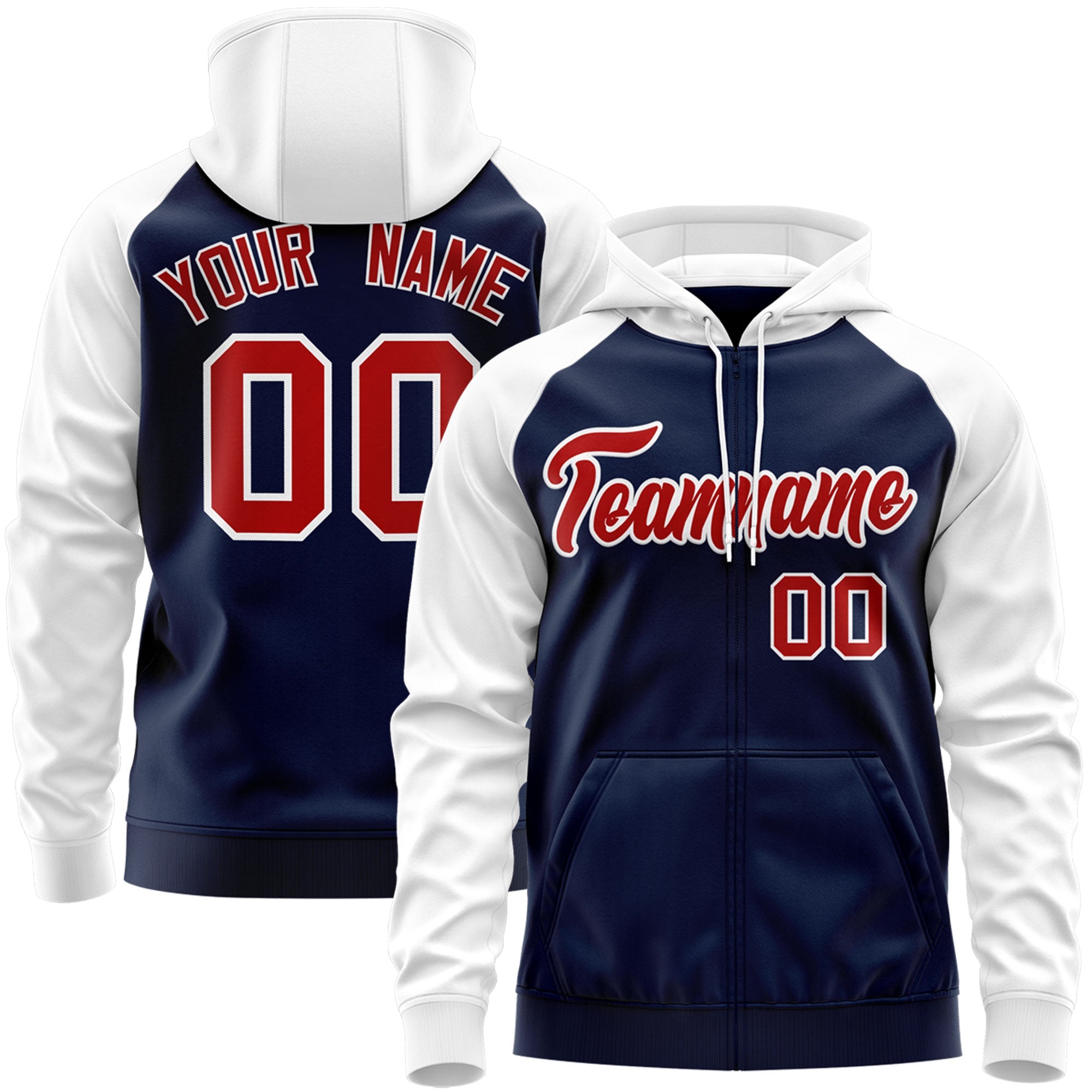 Custom Stitched Navy Red-White Raglan Sleeves Sports Full-Zip Sweatshirt Hoodie