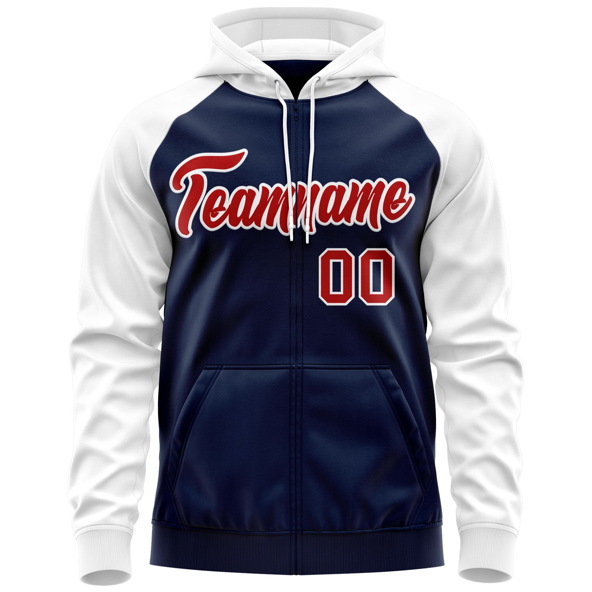 Custom Stitched Navy Red-White Raglan Sleeves Sports Full-Zip Sweatshirt Hoodie