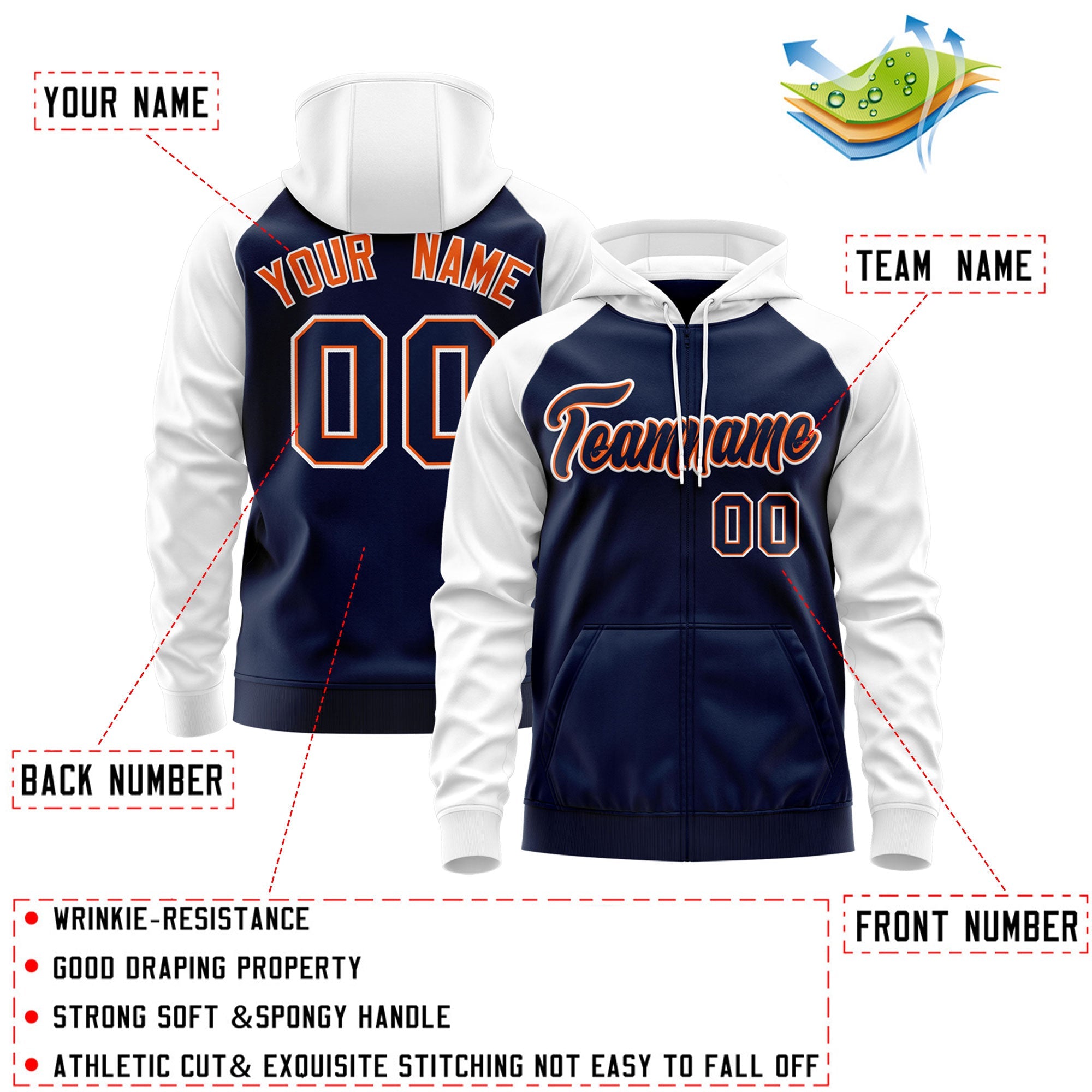 Custom Stitched Navy Orange-White Raglan Sleeves Sports Full-Zip Sweatshirt Hoodie