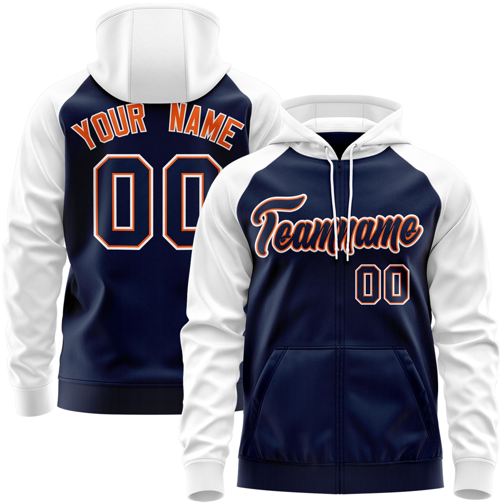 Custom Stitched Navy Orange-White Raglan Sleeves Sports Full-Zip Sweatshirt Hoodie