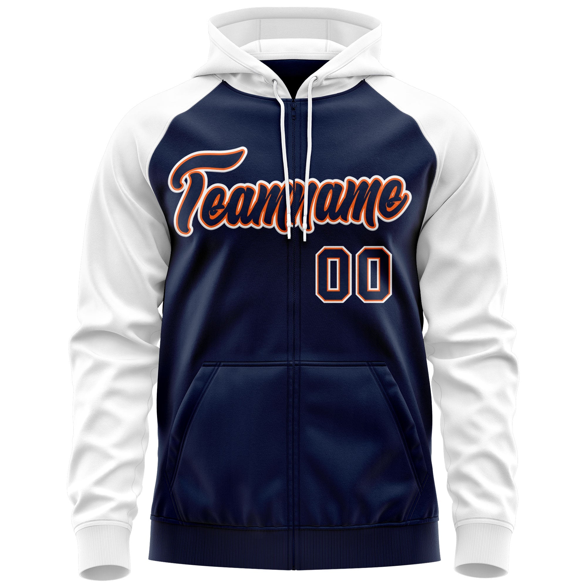 Custom Stitched Navy Orange-White Raglan Sleeves Sports Full-Zip Sweatshirt Hoodie