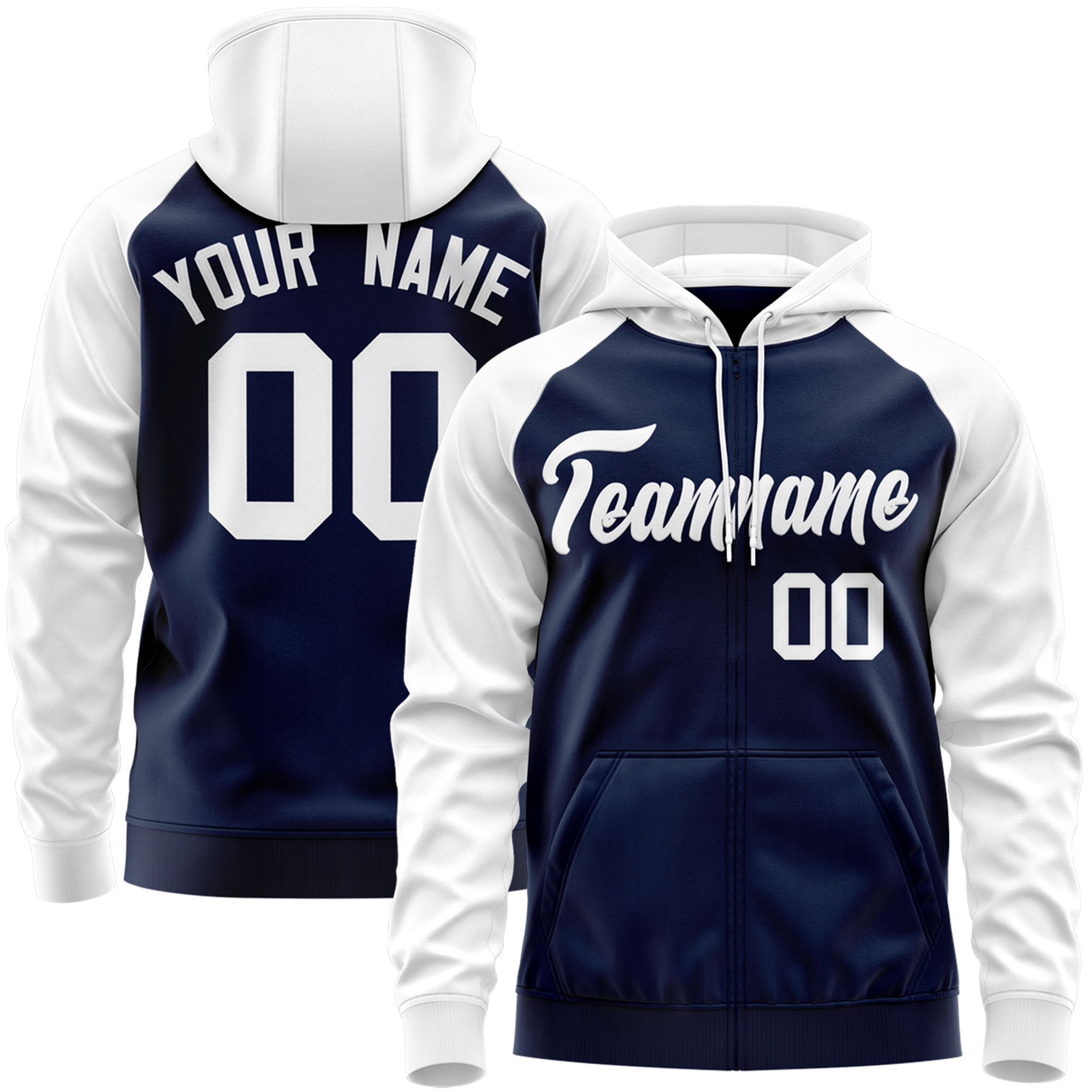 Custom Stitched Navy White Raglan Sleeves Sports Full-Zip Sweatshirt Hoodie