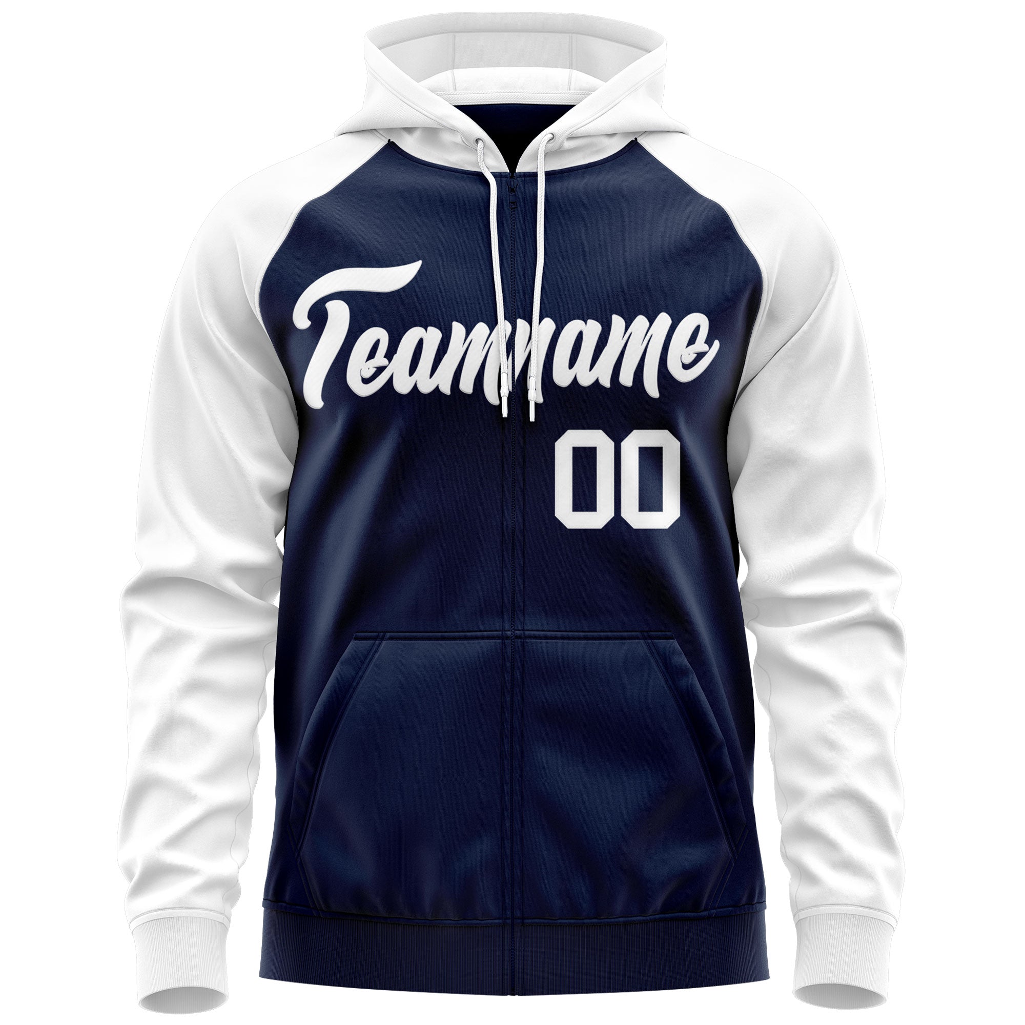 Custom Stitched Navy White Raglan Sleeves Sports Full-Zip Sweatshirt Hoodie