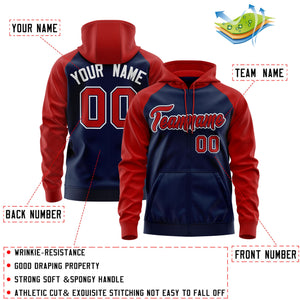 Custom Stitched Navy Red-White Raglan Sleeves Sports Full-Zip Sweatshirt Hoodie