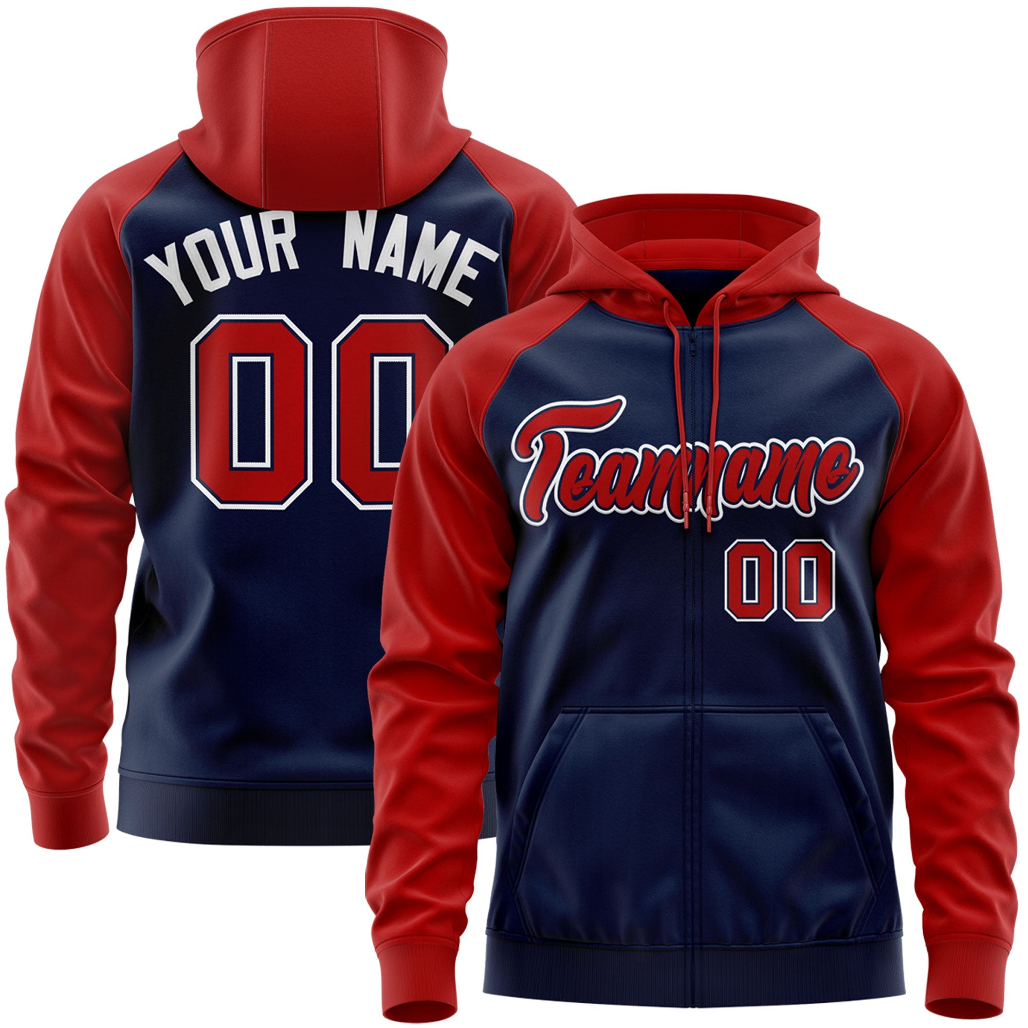 Custom Stitched Navy Red-White Raglan Sleeves Sports Full-Zip Sweatshirt Hoodie