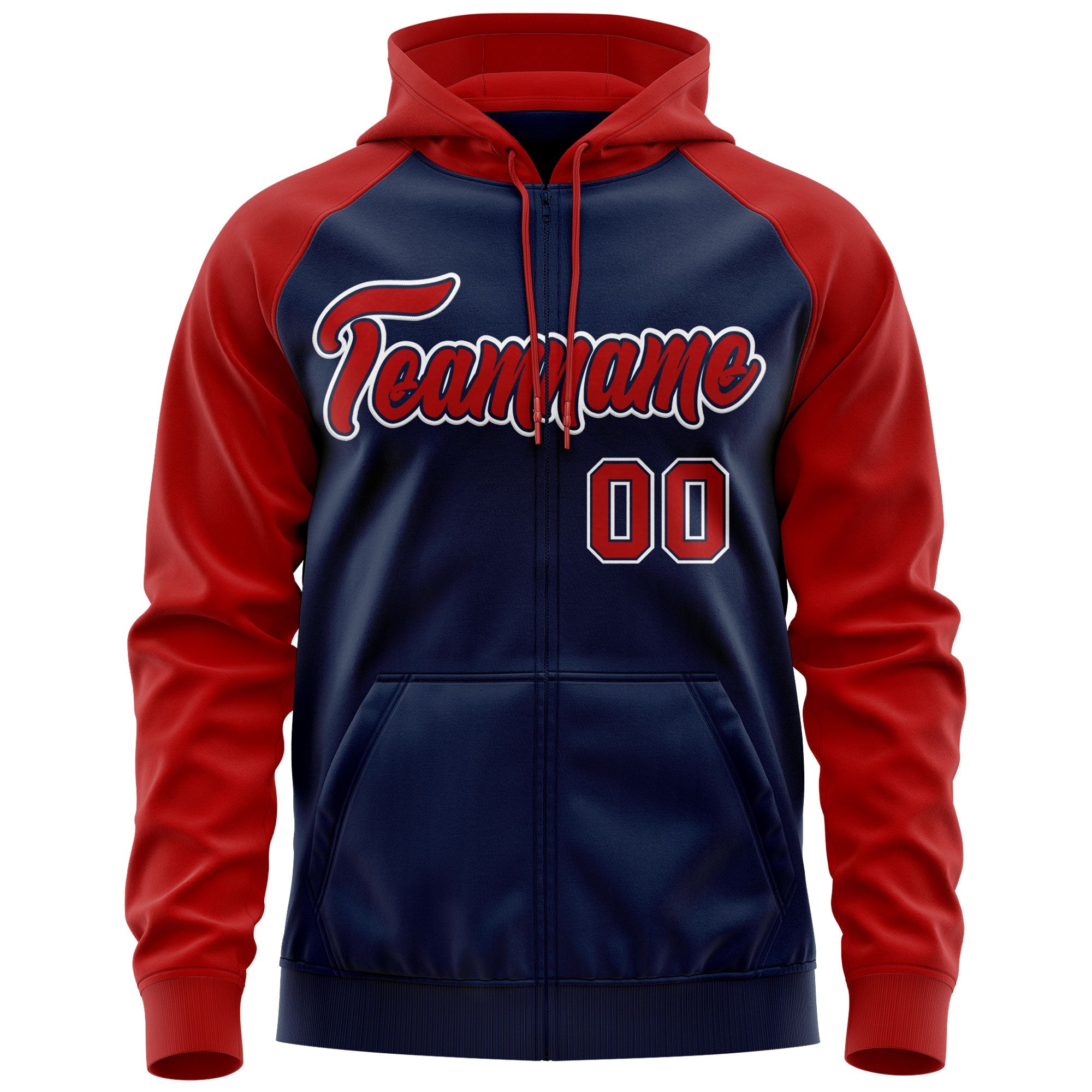 Custom Stitched Navy Red-White Raglan Sleeves Sports Full-Zip Sweatshirt Hoodie