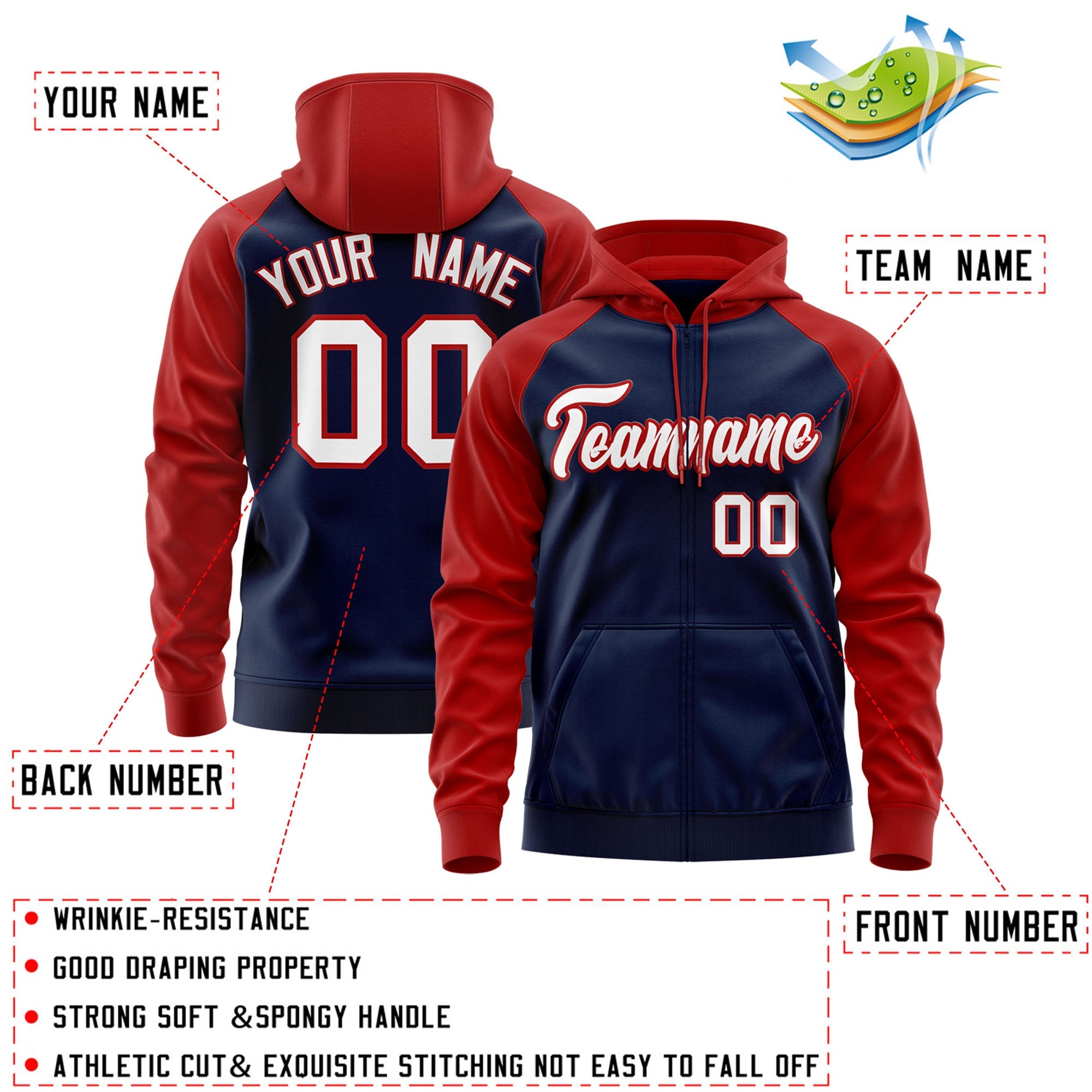 Custom Stitched Navy White-Red Raglan Sleeves Sports Full-Zip Sweatshirt Hoodie