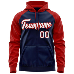 Custom Stitched Navy White-Red Raglan Sleeves Sports Full-Zip Sweatshirt Hoodie