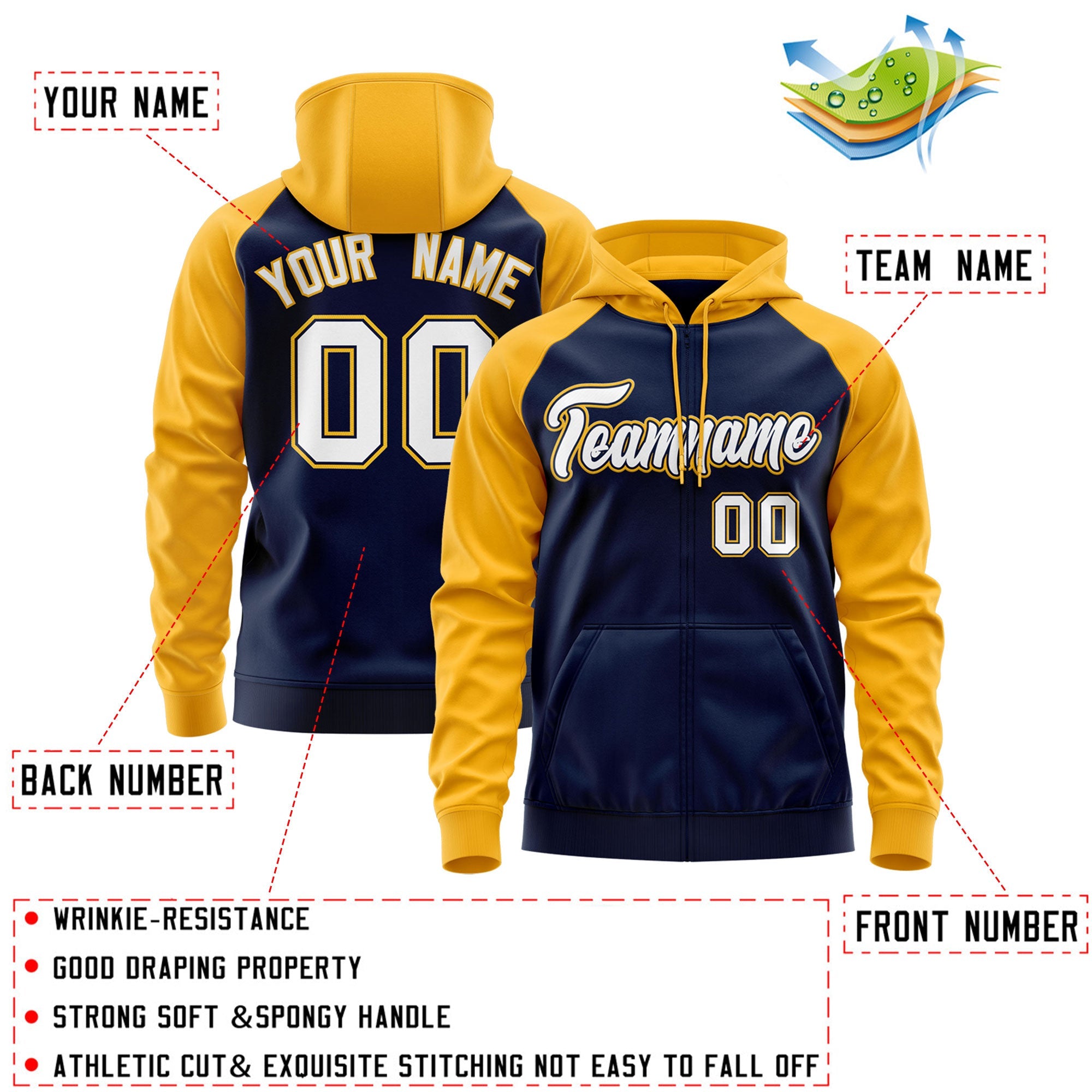 Custom Stitched Navy White-Gold Raglan Sleeves Sports Full-Zip Sweatshirt Hoodie