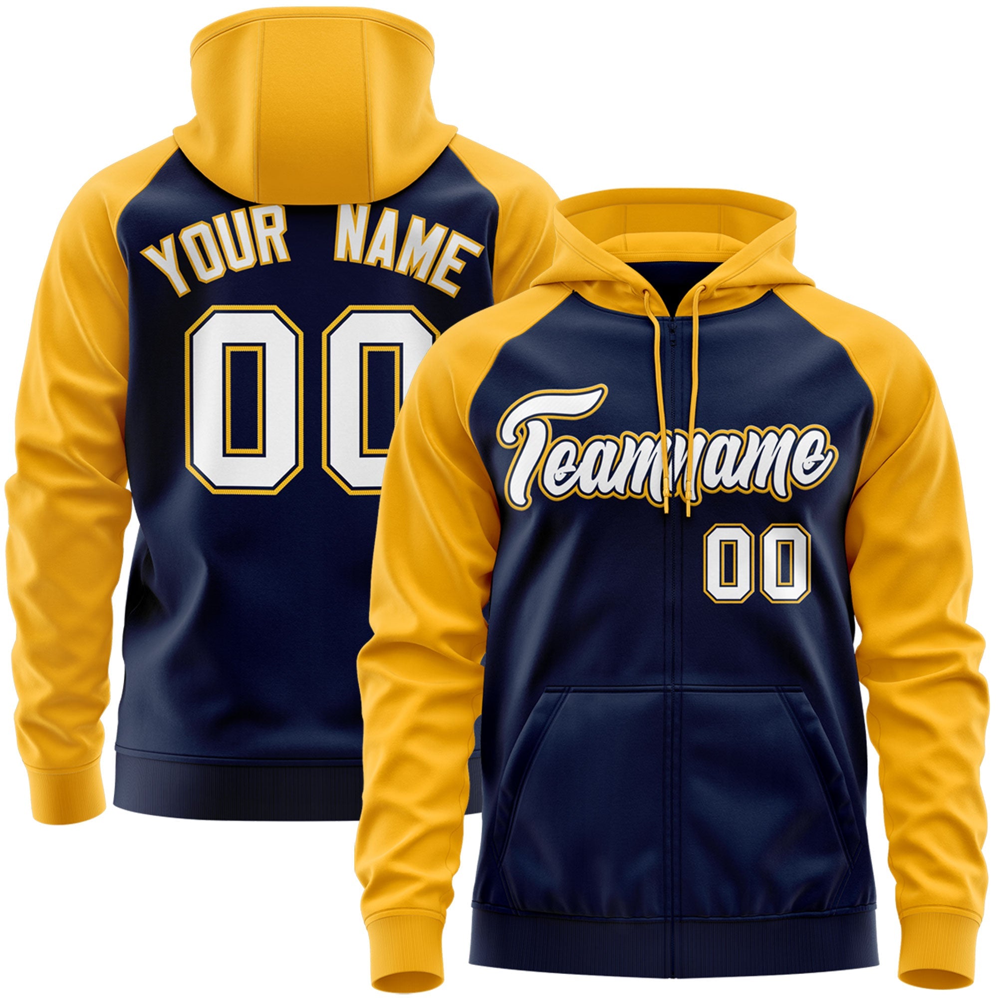 Custom Stitched Navy White-Gold Raglan Sleeves Sports Full-Zip Sweatshirt Hoodie