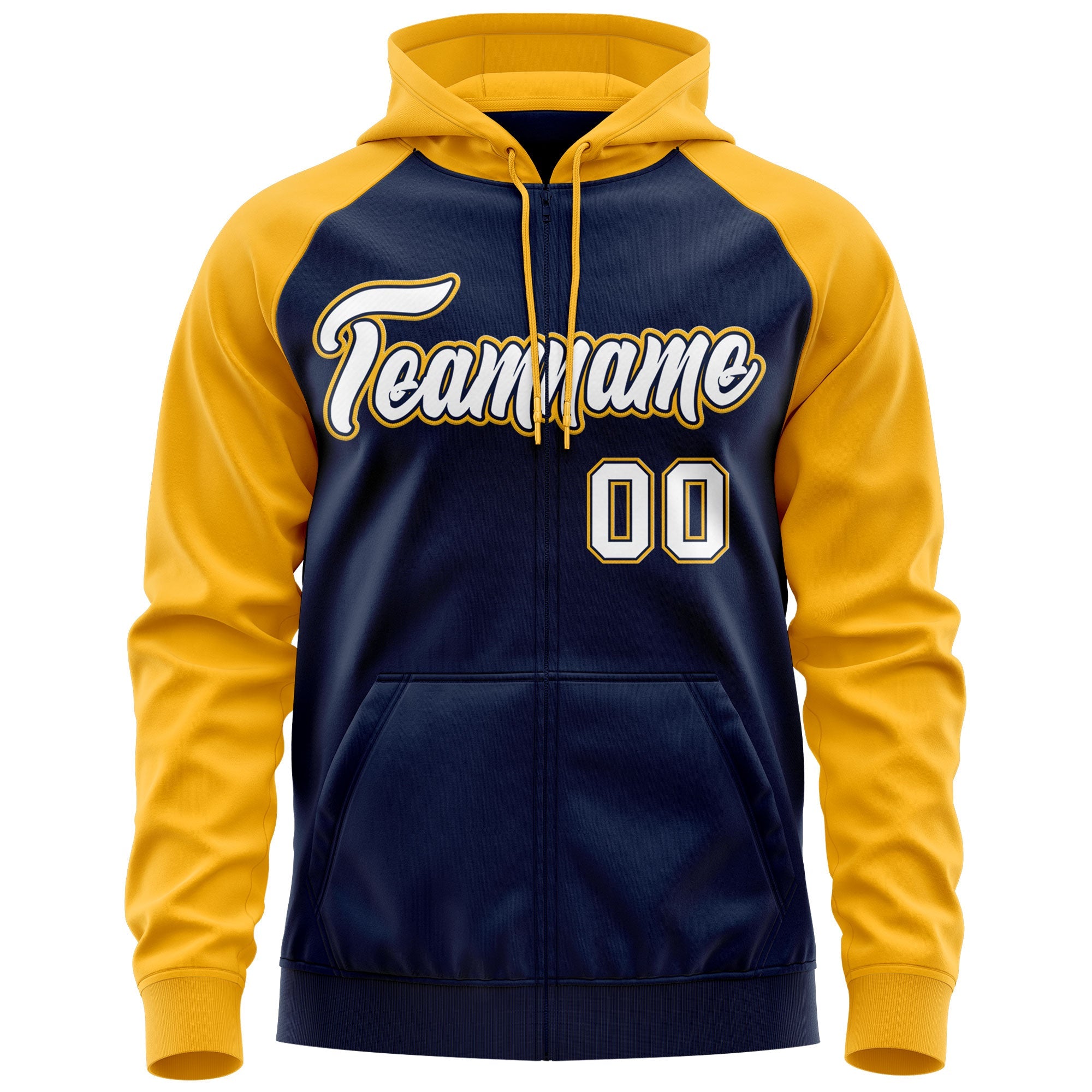 Custom Stitched Navy White-Gold Raglan Sleeves Sports Full-Zip Sweatshirt Hoodie