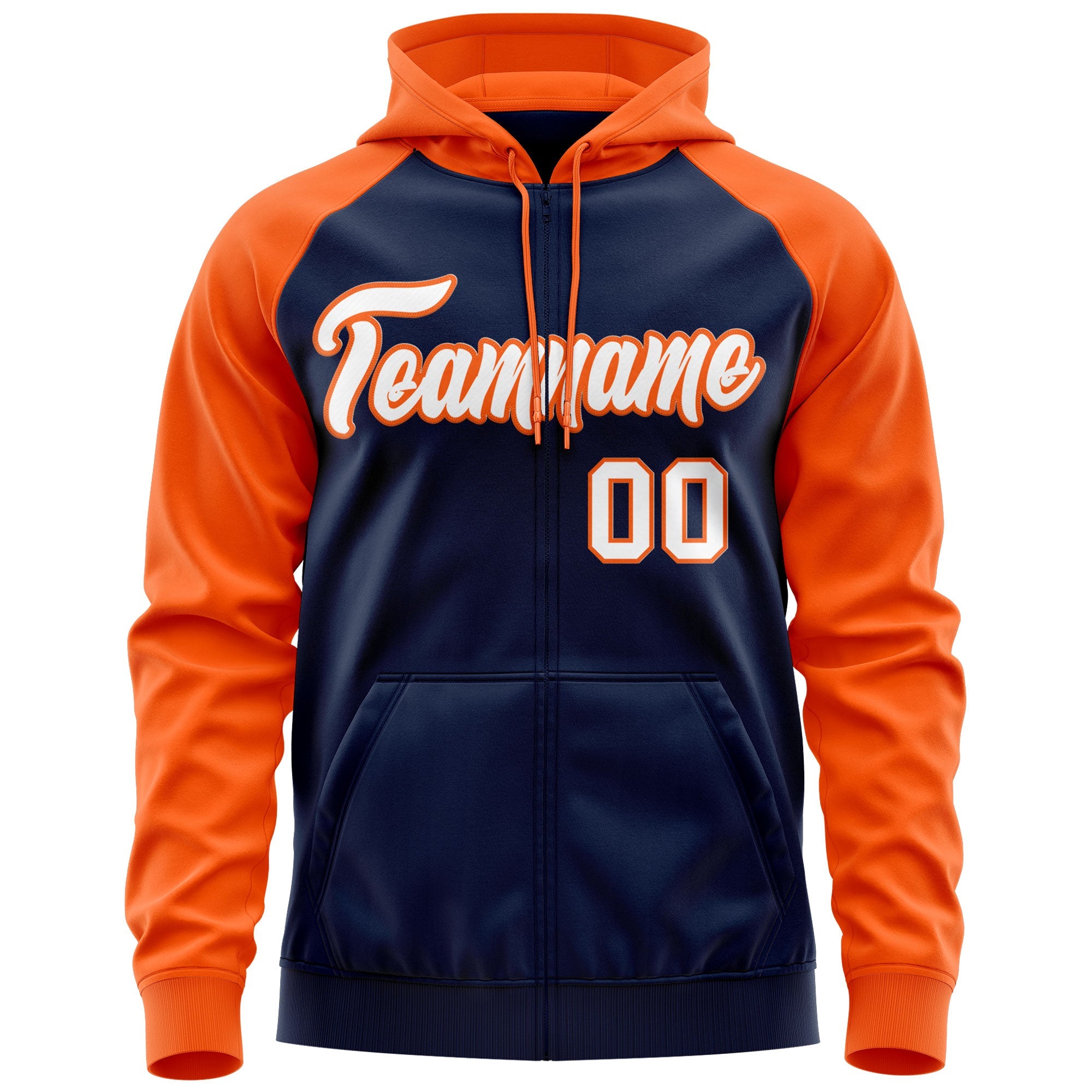 Custom Stitched Navy White-Orange Raglan Sleeves Sports Full-Zip Sweatshirt Hoodie