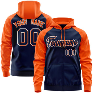 Custom Stitched Navy Orange-White Raglan Sleeves Sports Full-Zip Sweatshirt Hoodie