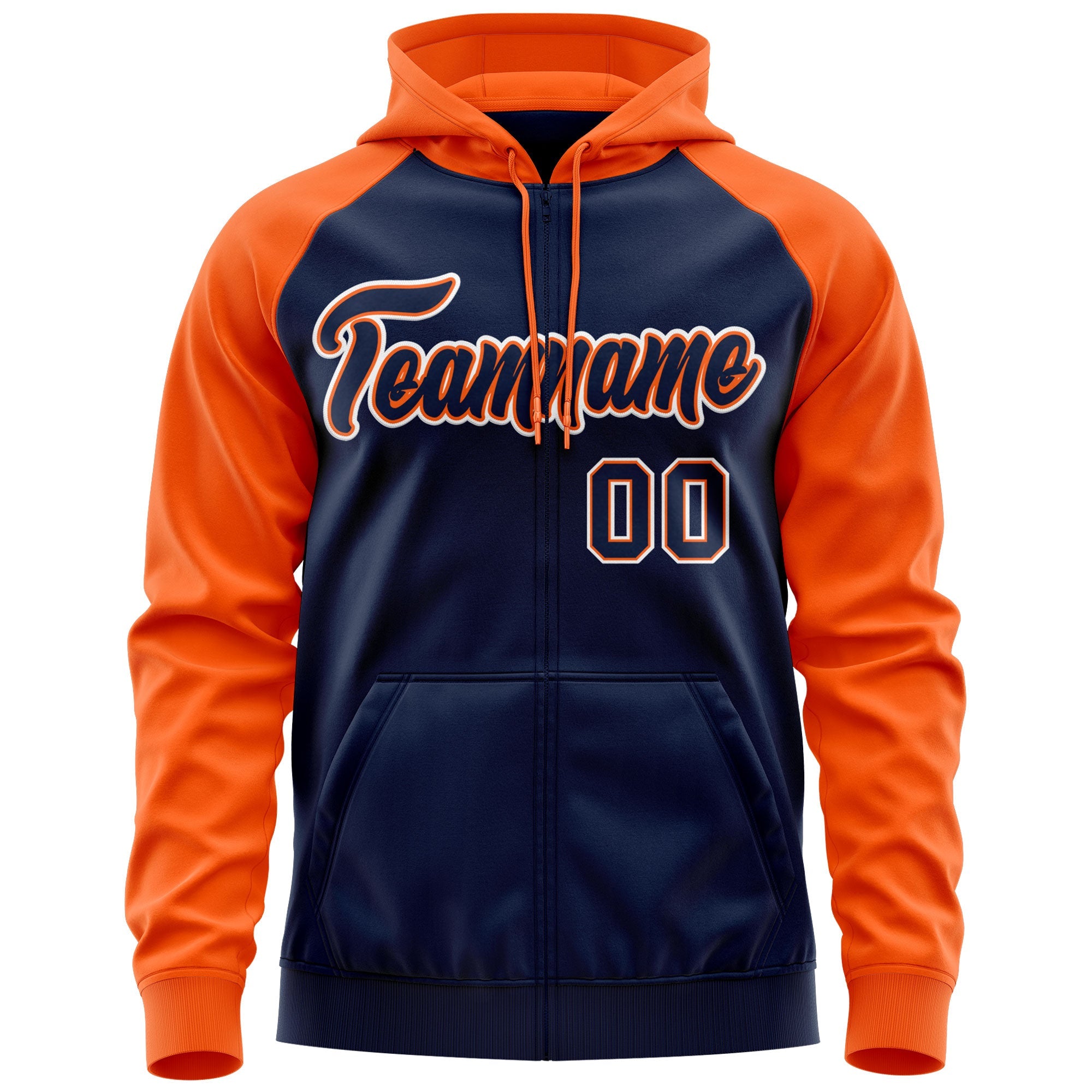 Custom Stitched Navy Orange-White Raglan Sleeves Sports Full-Zip Sweatshirt Hoodie