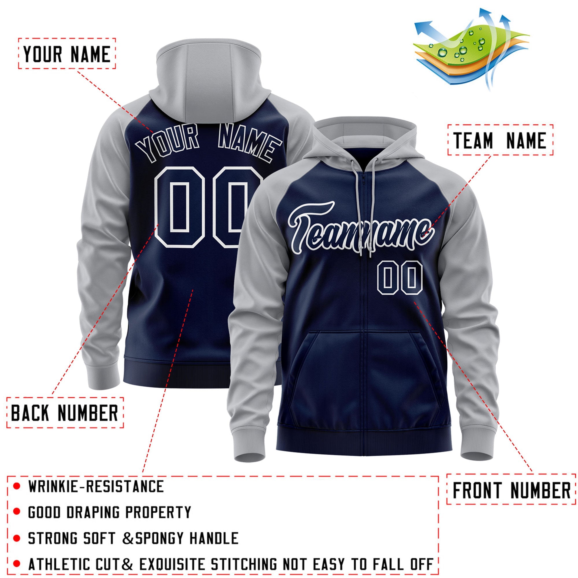 Custom Stitched Navy White-Gray Raglan Sleeves Sports Full-Zip Sweatshirt Hoodie