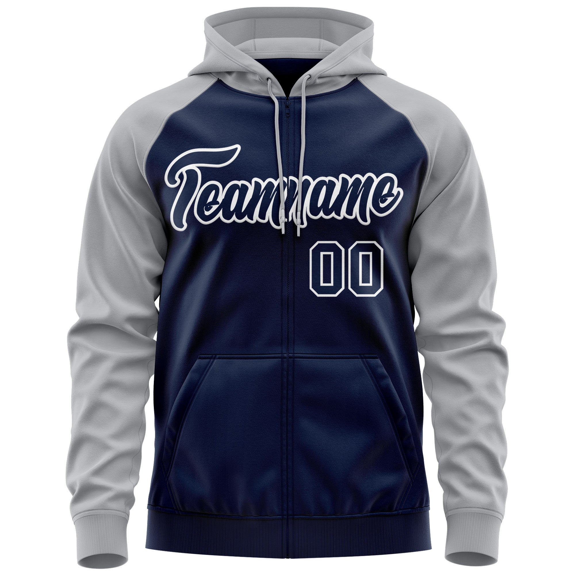 Custom Stitched Navy White-Gray Raglan Sleeves Sports Full-Zip Sweatshirt Hoodie