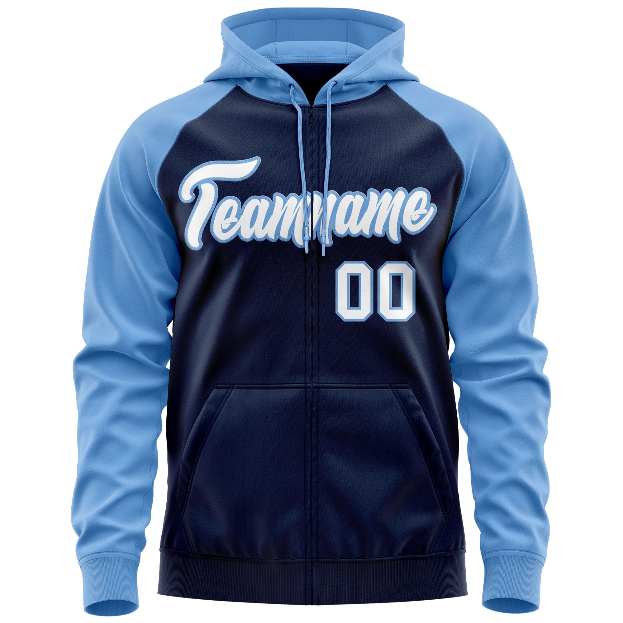 Custom Stitched Navy White-Light Blue Raglan Sleeves Sports Full-Zip Sweatshirt Hoodie