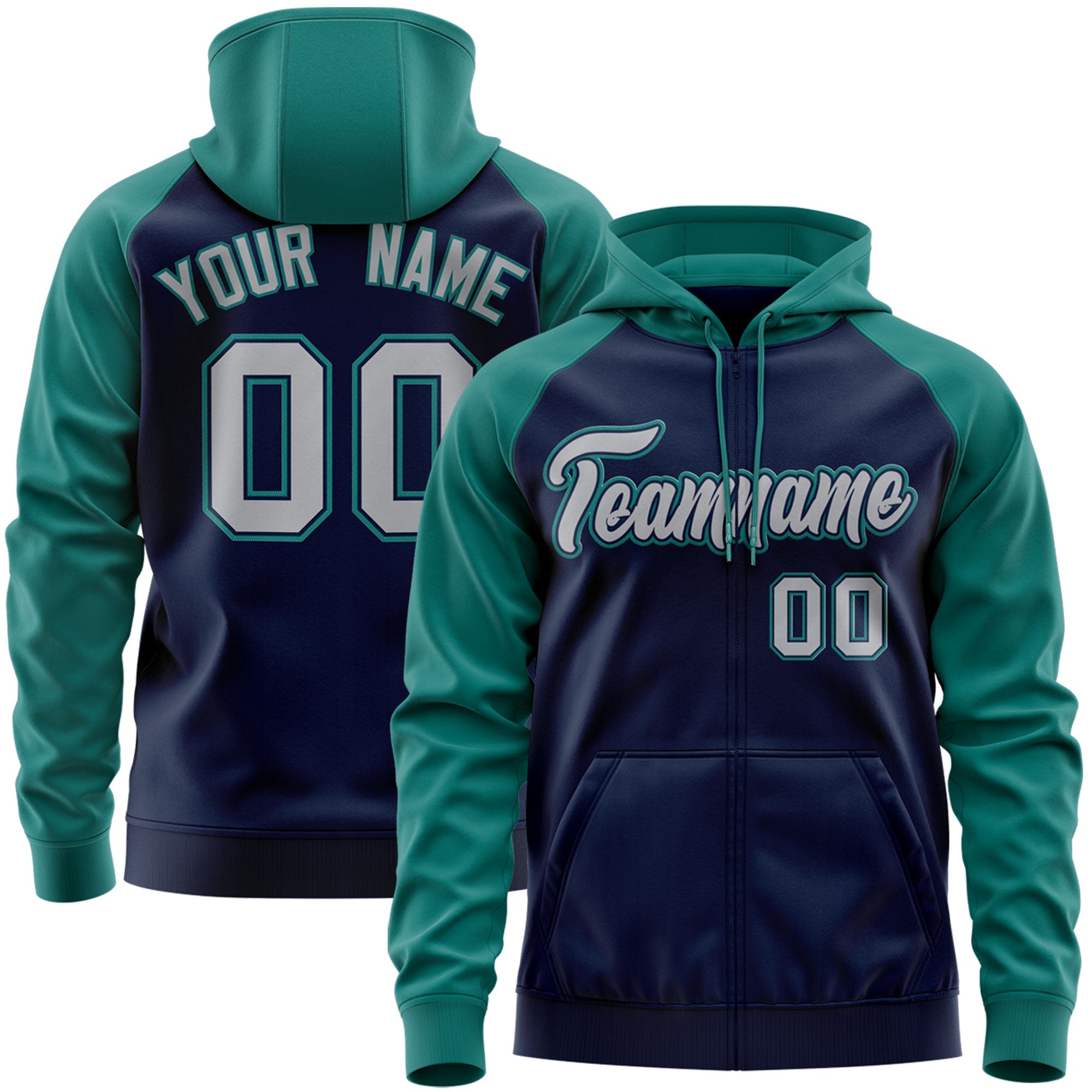 Custom Stitched Navy Gray-Aqua Raglan Sleeves Sports Full-Zip Sweatshirt Hoodie