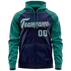 Custom Stitched Navy Gray-Aqua Raglan Sleeves Sports Full-Zip Sweatshirt Hoodie