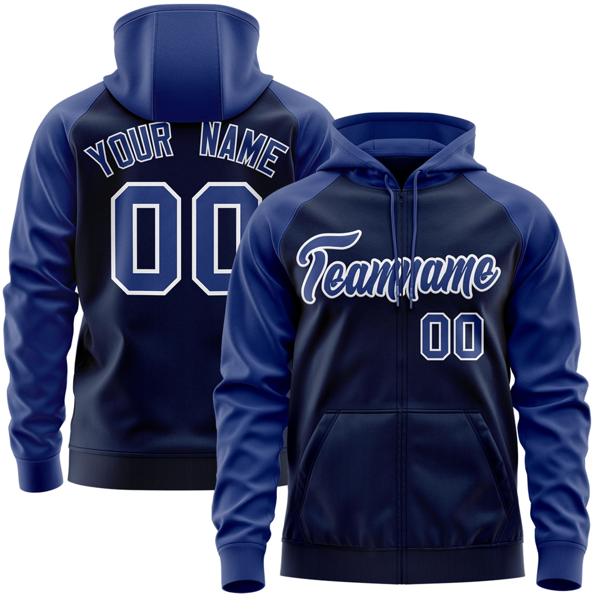 Custom Stitched Navy Royal-White Raglan Sleeves Sports Full-Zip Sweatshirt Hoodie