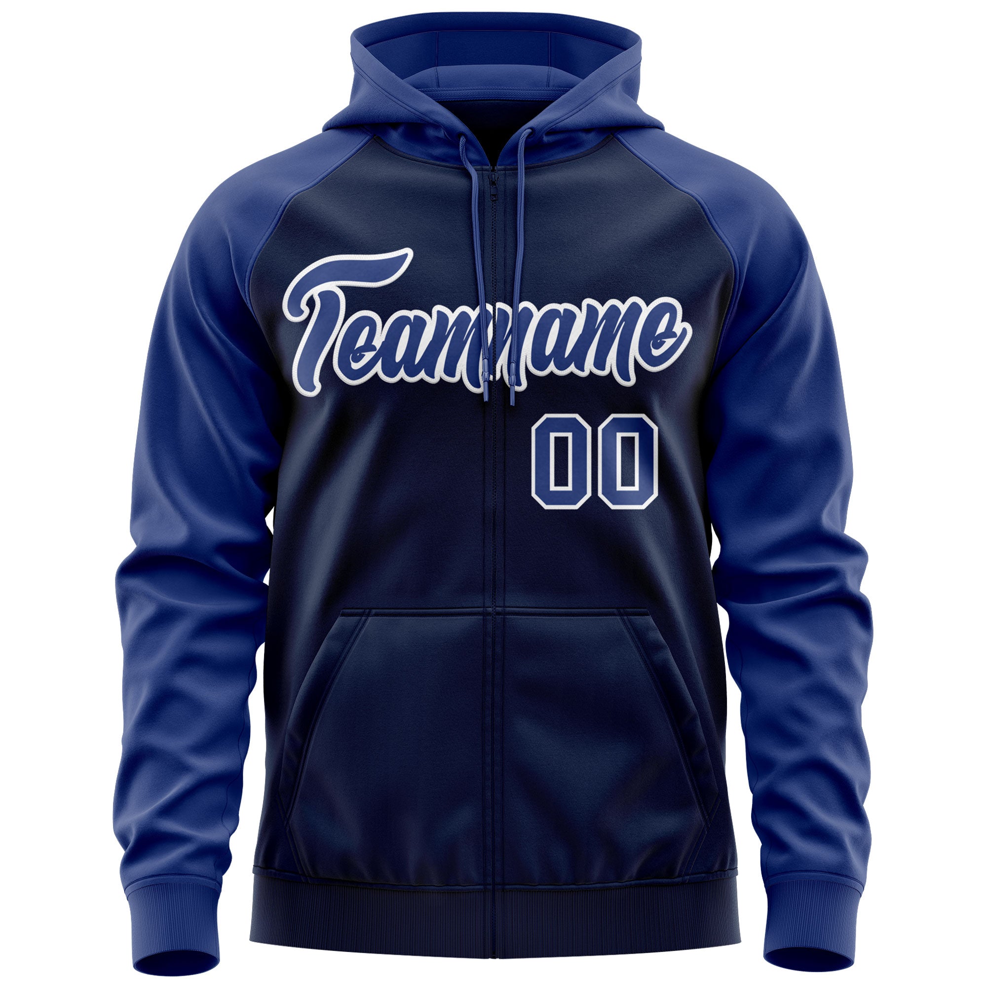 Custom Stitched Navy Royal-White Raglan Sleeves Sports Full-Zip Sweatshirt Hoodie