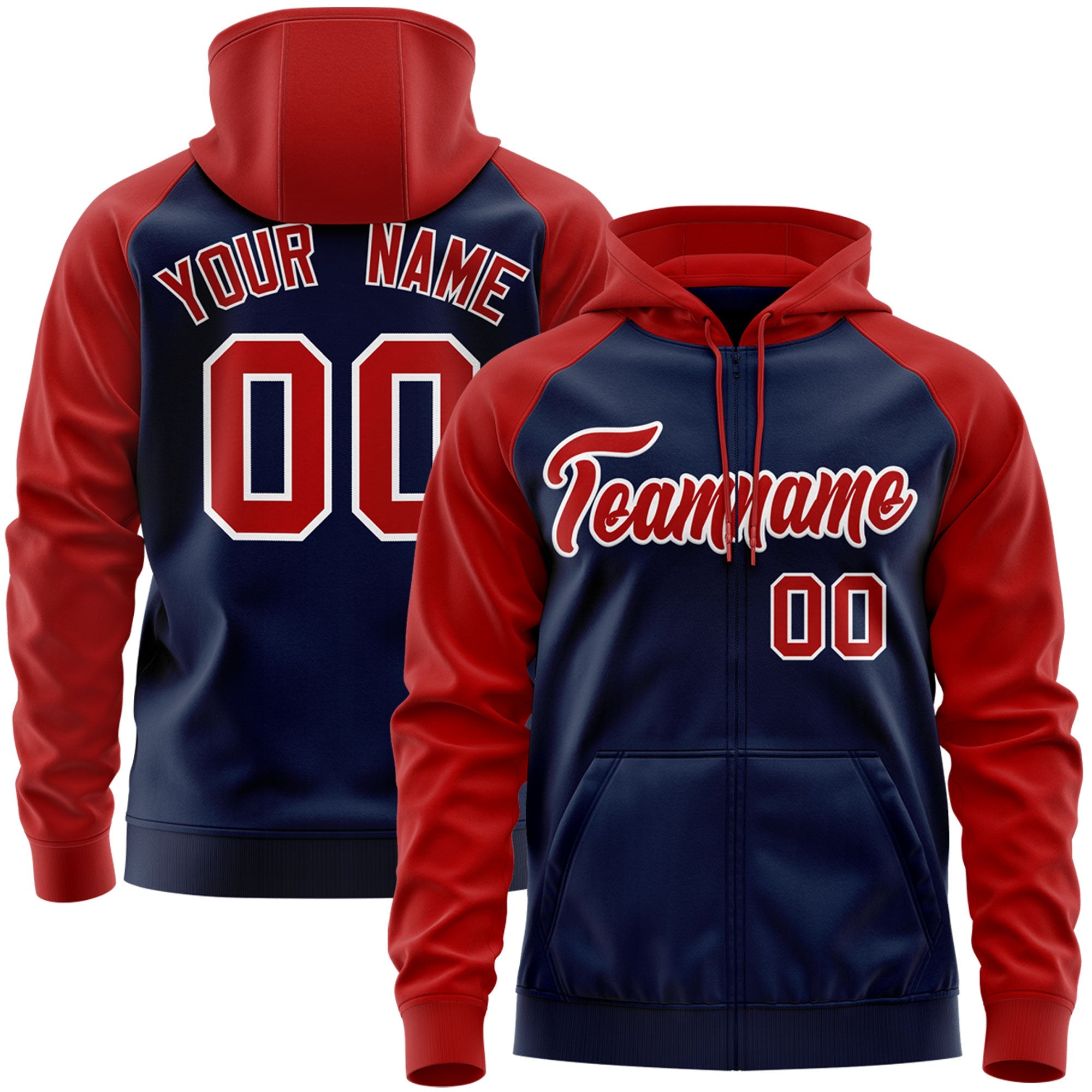 Custom Stitched Navy Red-White Raglan Sleeves Sports Full-Zip Sweatshirt Hoodie