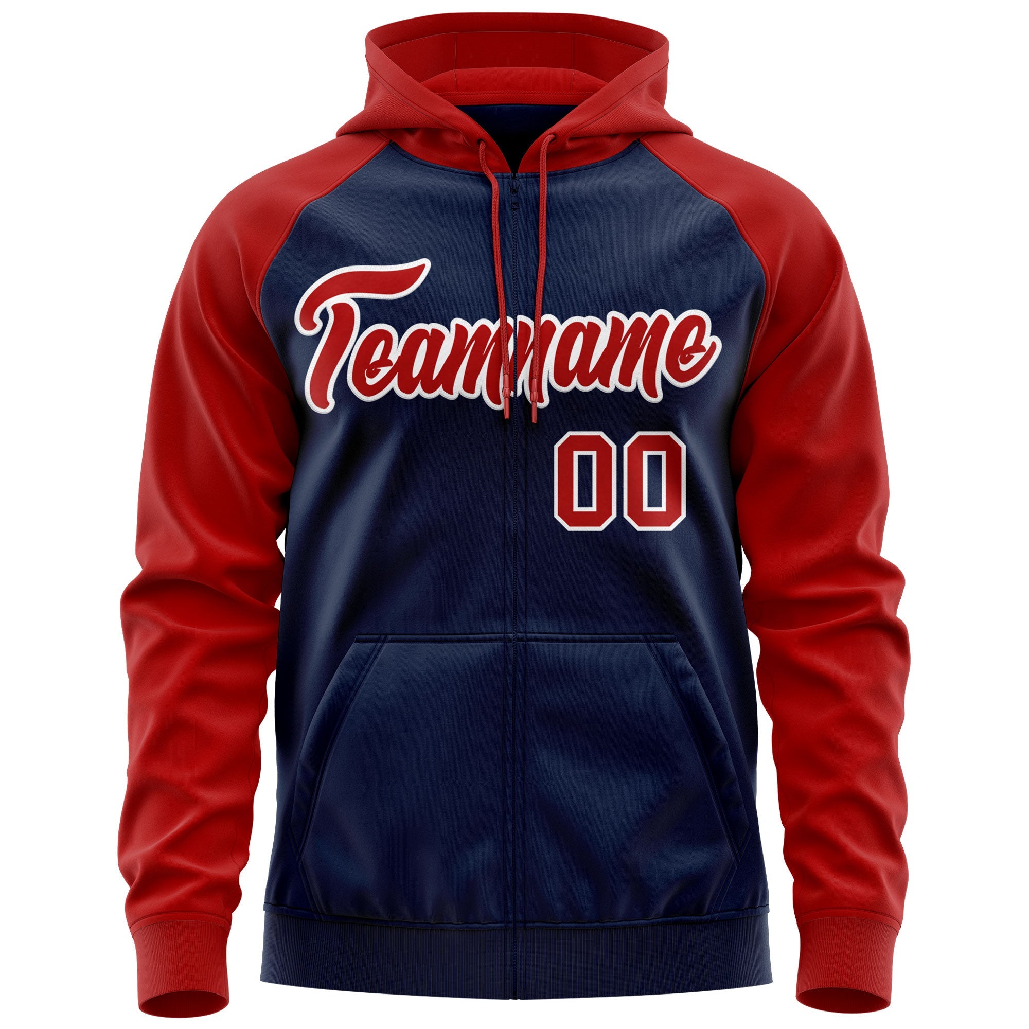 Custom Stitched Navy Red-White Raglan Sleeves Sports Full-Zip Sweatshirt Hoodie