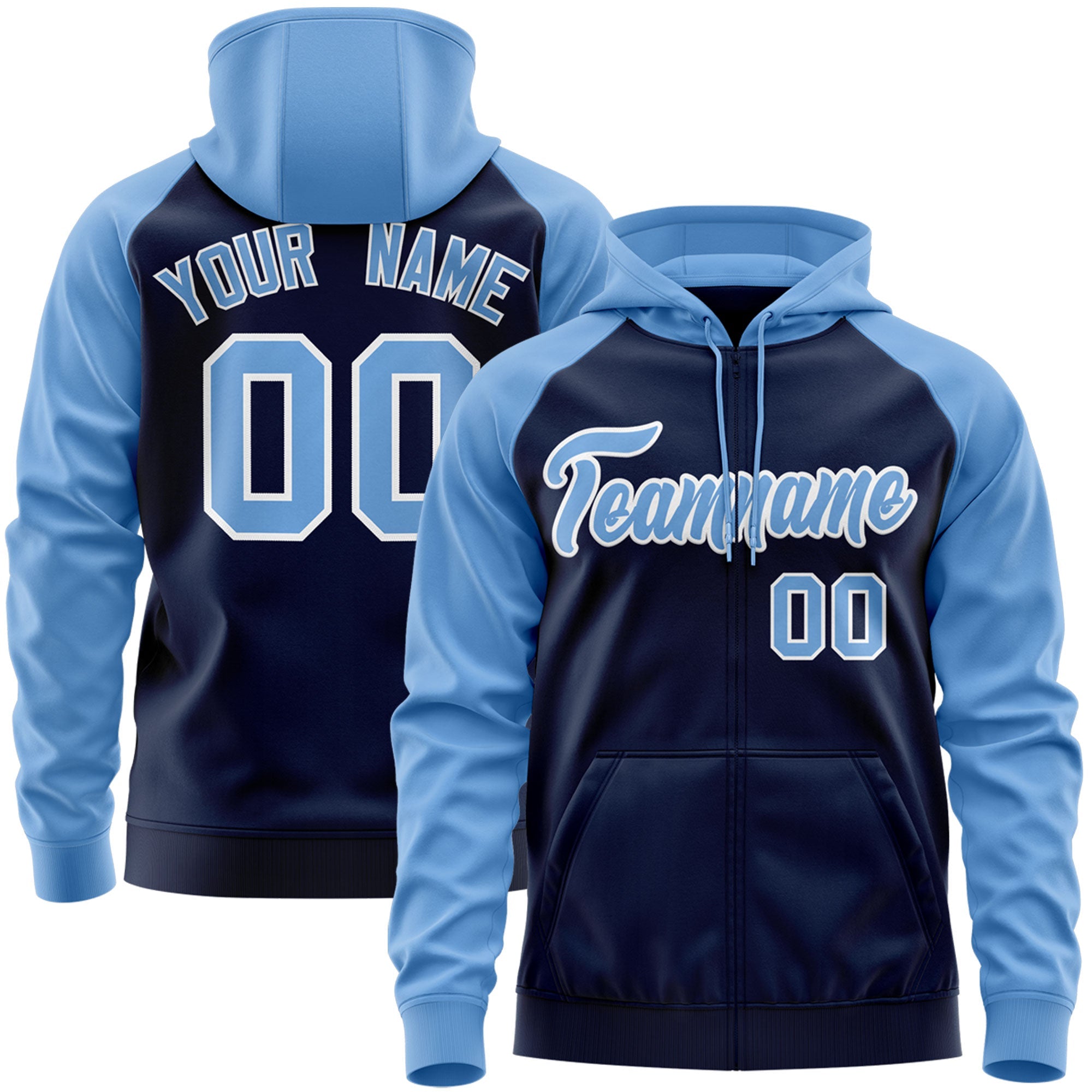 Custom Stitched Navy Light Blue-White Raglan Sleeves Sports Full-Zip Sweatshirt Hoodie