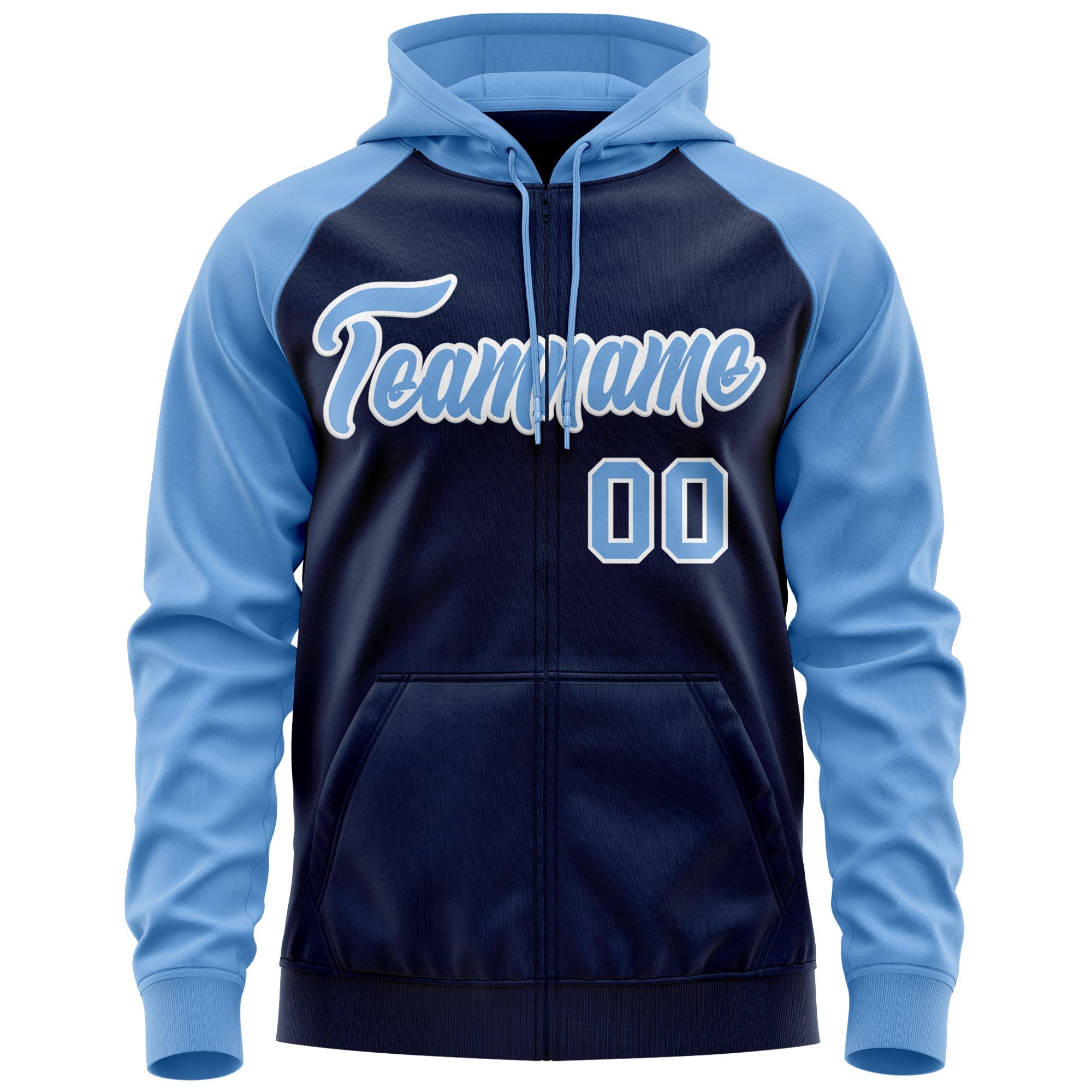 Custom Stitched Navy Light Blue-White Raglan Sleeves Sports Full-Zip Sweatshirt Hoodie