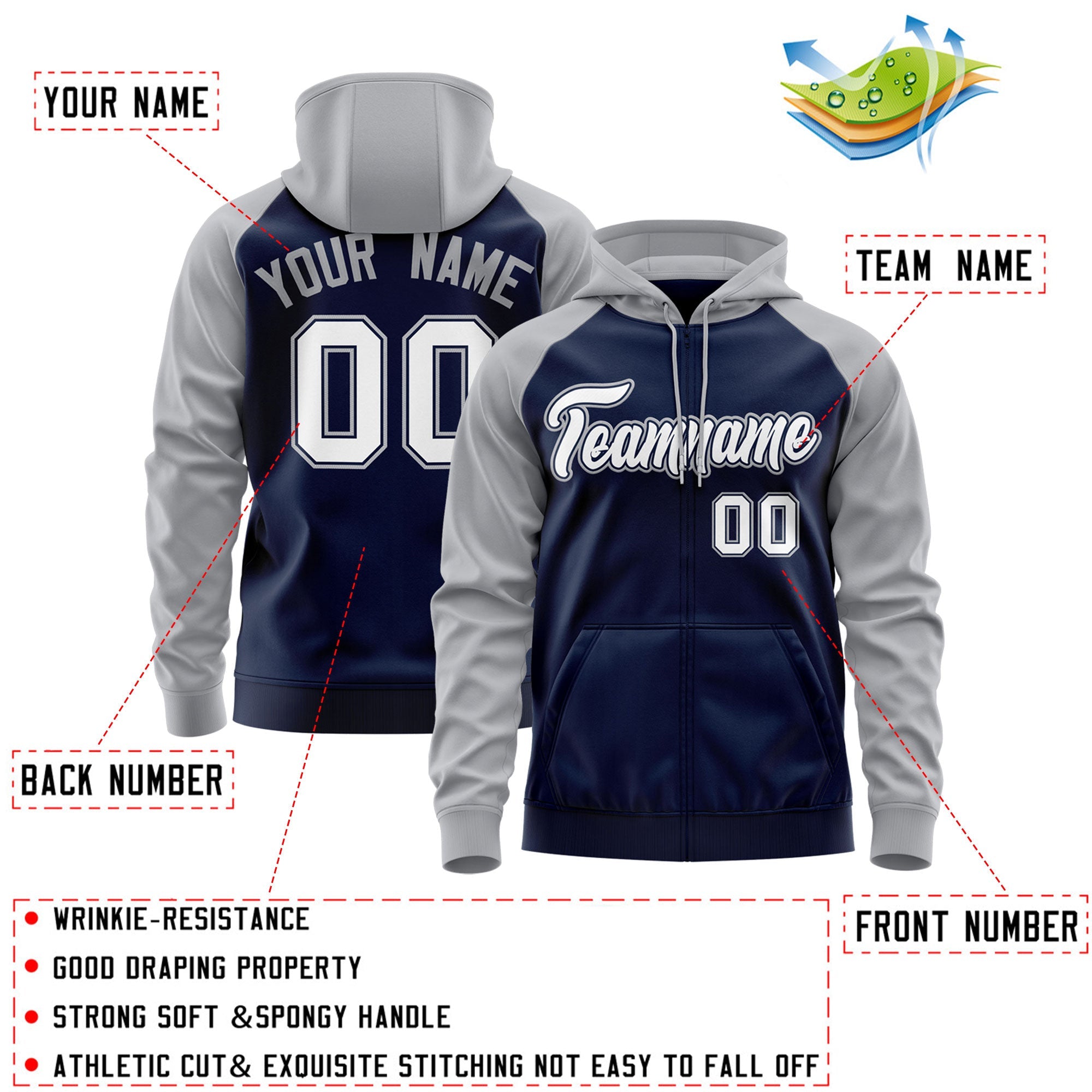 Custom Stitched Navy White-Gray Raglan Sleeves Sports Full-Zip Sweatshirt Hoodie