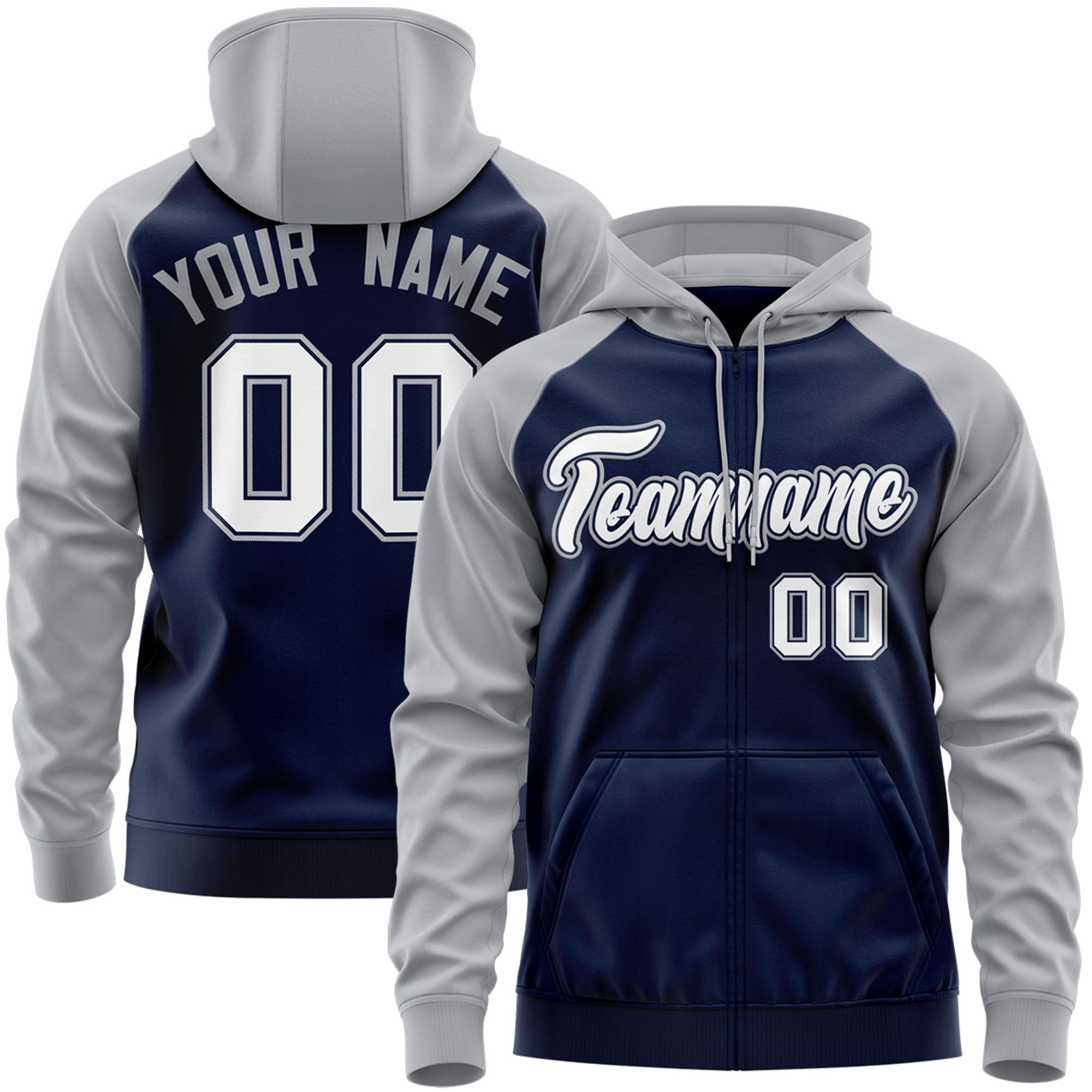 Custom Stitched Navy White-Gray Raglan Sleeves Sports Full-Zip Sweatshirt Hoodie