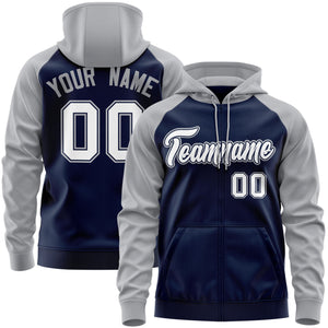 Custom Stitched Navy White-Gray Raglan Sleeves Sports Full-Zip Sweatshirt Hoodie