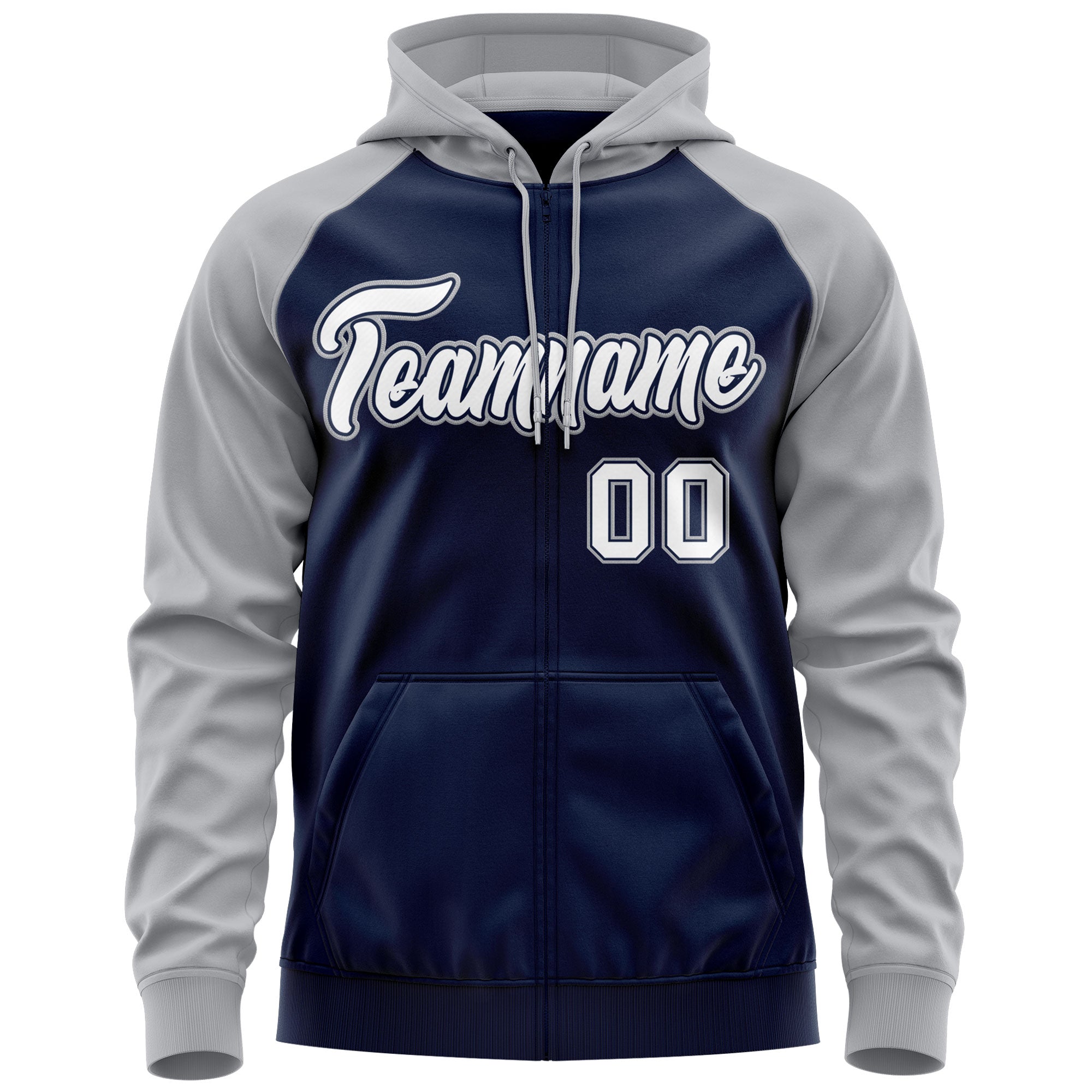 Custom Stitched Navy White-Gray Raglan Sleeves Sports Full-Zip Sweatshirt Hoodie