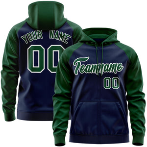 Custom Stitched Navy Green-White Raglan Sleeves Sports Full-Zip Sweatshirt Hoodie