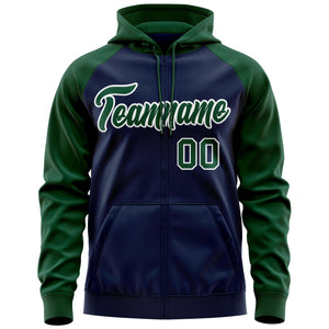 Custom Stitched Navy Green-White Raglan Sleeves Sports Full-Zip Sweatshirt Hoodie