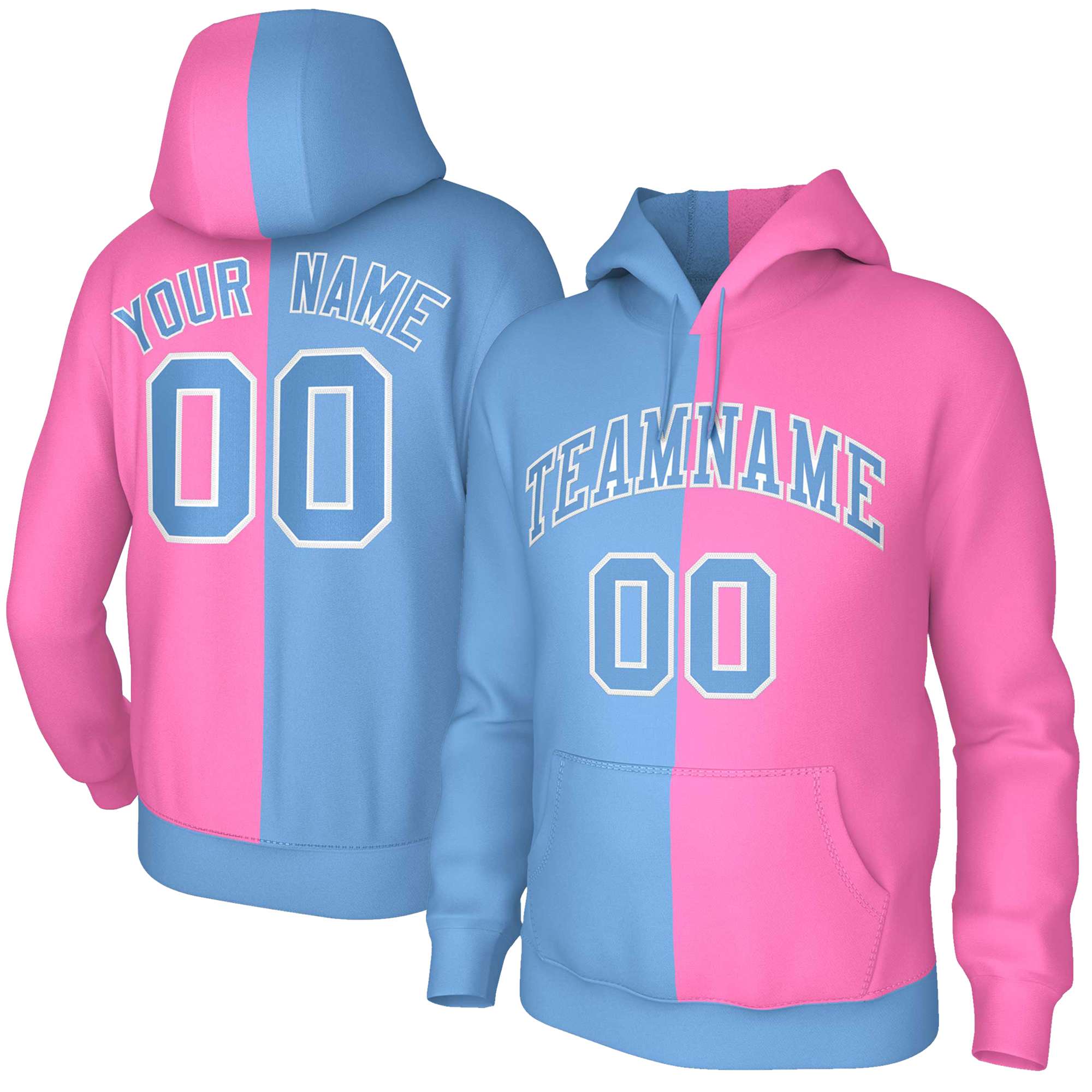 Custom Light Blue Pink Light Blue-White Split Fashion Stitched Sportwear Pullover Hoodie