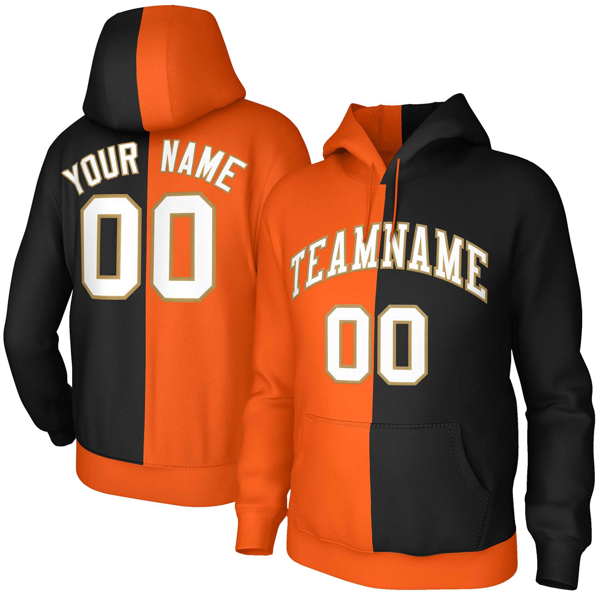 Custom Orange Black White-Old Gold Split Fashion Stitched Sportwear Pullover Hoodie