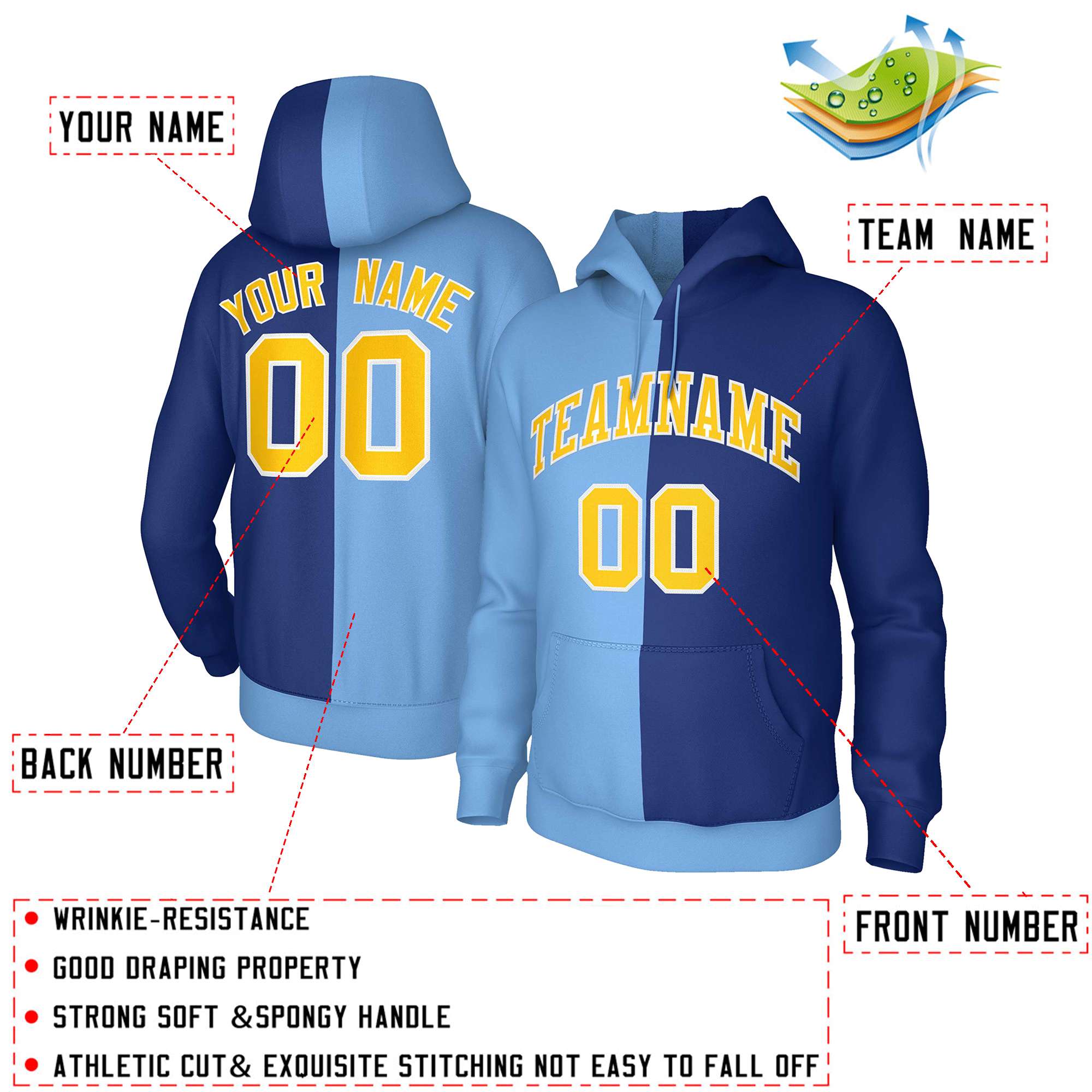 Custom Light Blue Royal Gold-White Split Fashion Stitched Sportwear Pullover Hoodie