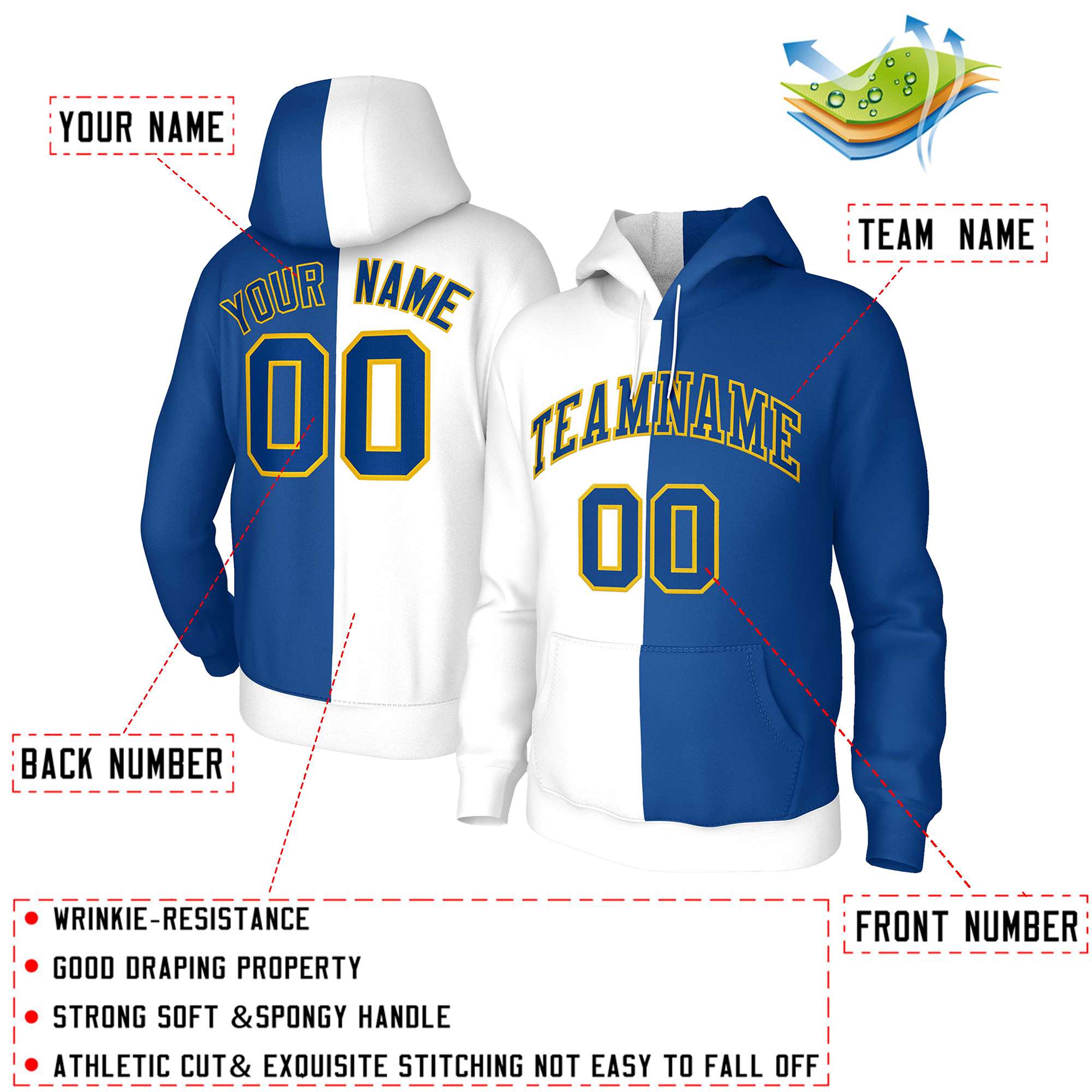 Custom White Royal Royal-Gold Split Fashion Stitched Sportwear Pullover Hoodie