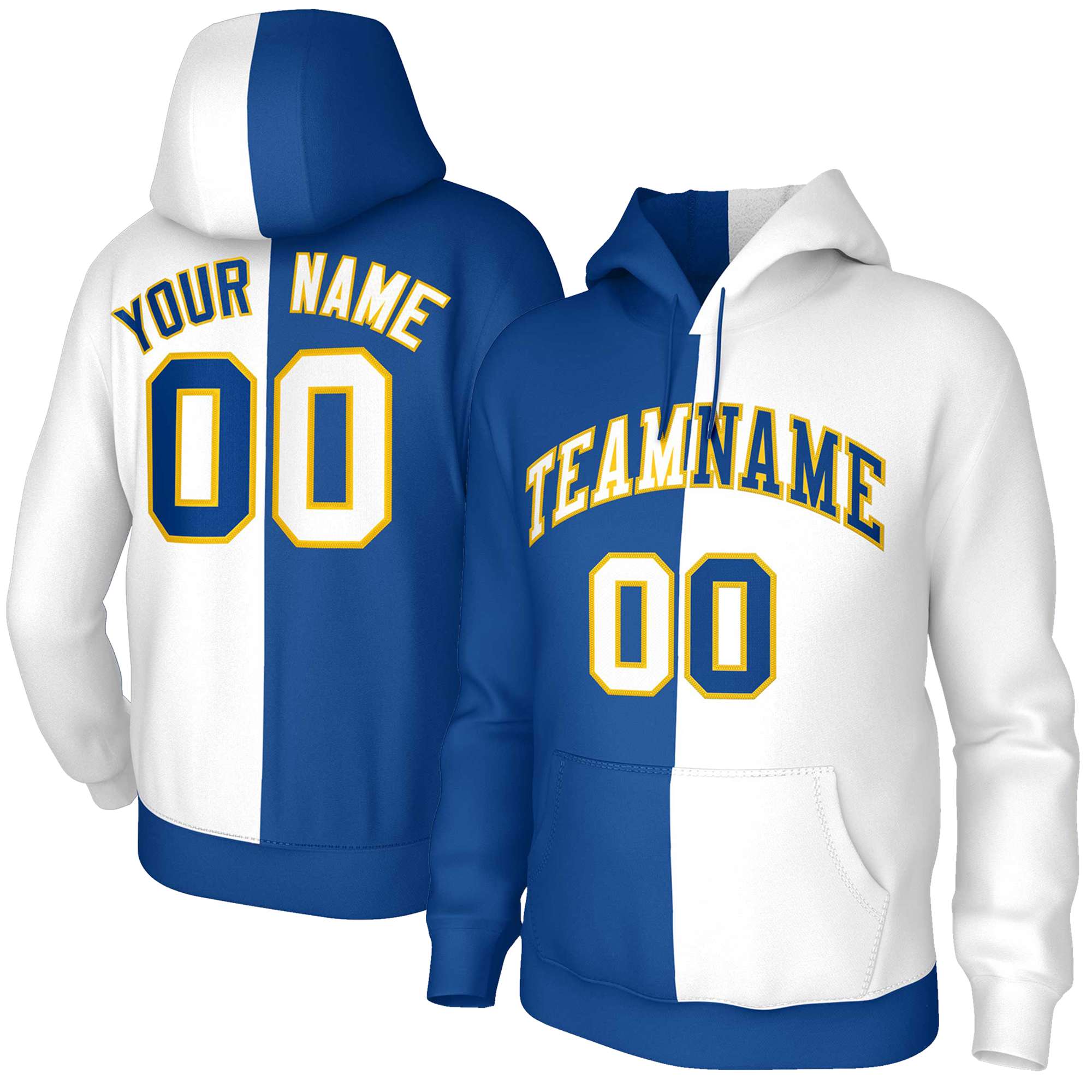 Custom Royal White White-Gold Split Fashion Stitched Sportwear Pullover Hoodie