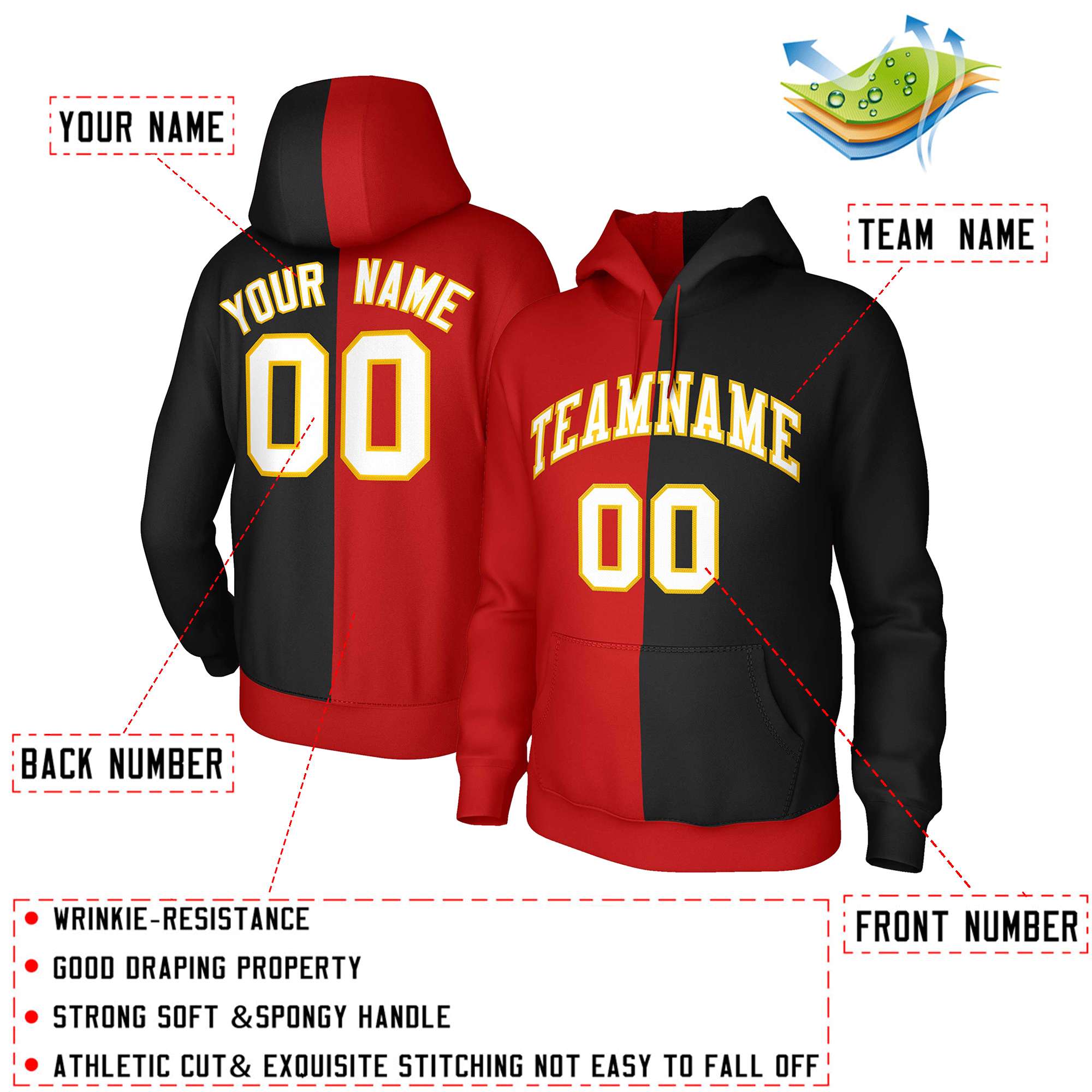 Custom Red Black White-Gold Split Fashion Stitched Sportwear Pullover Hoodie