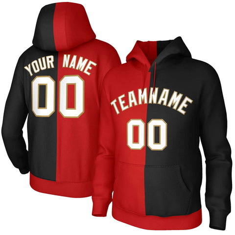 Custom Red Black White-Old Gold Split Fashion Stitched Sportwear Pullover Hoodie